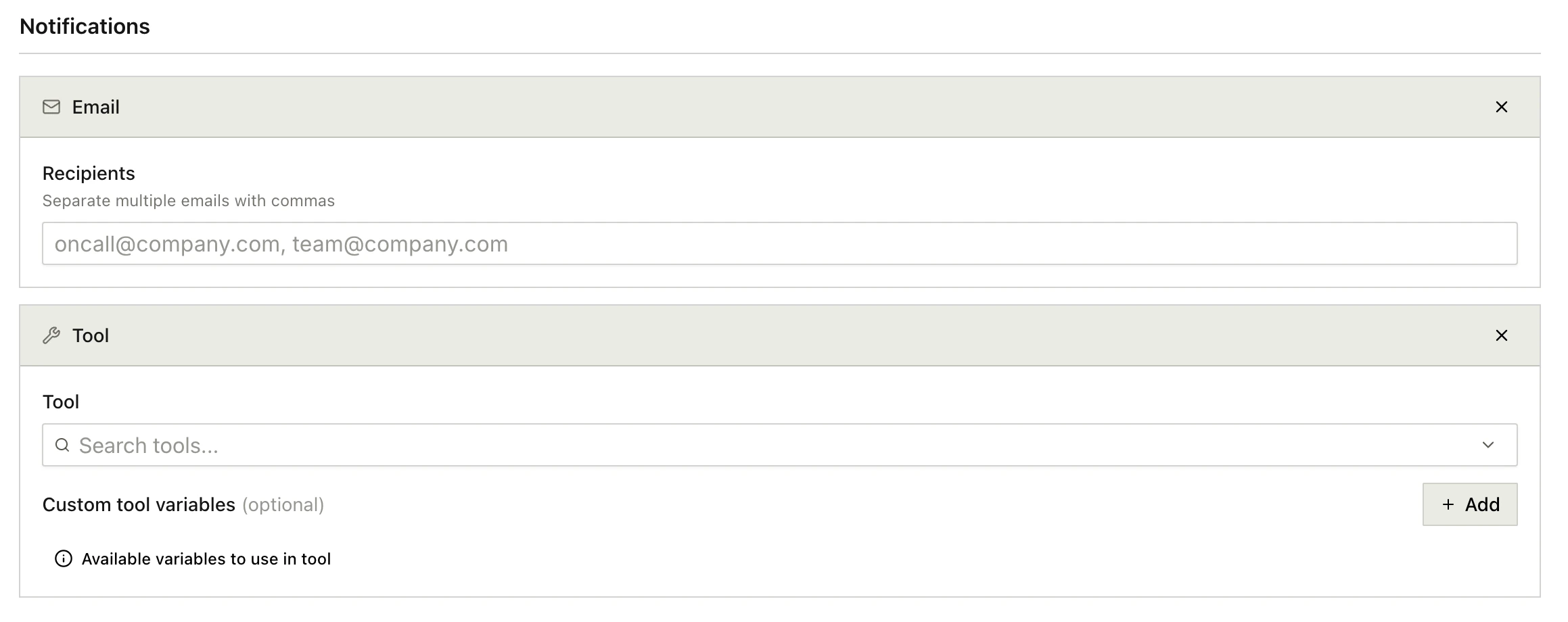 Notification configuration showing email, phone, and tool delivery options