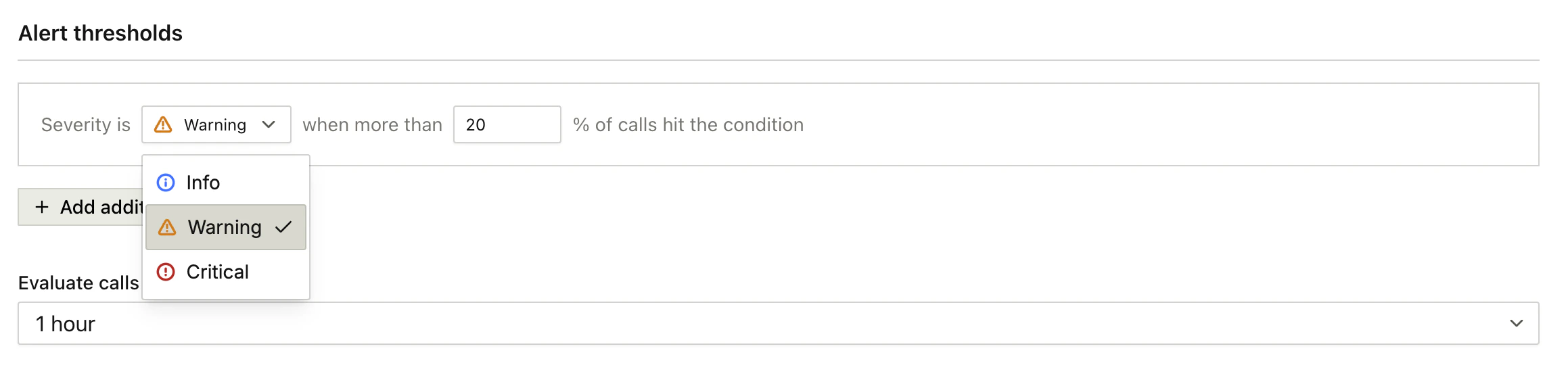 Configuring INFO, WARNING, and CRITICAL thresholds with percentage triggers and lookback windows