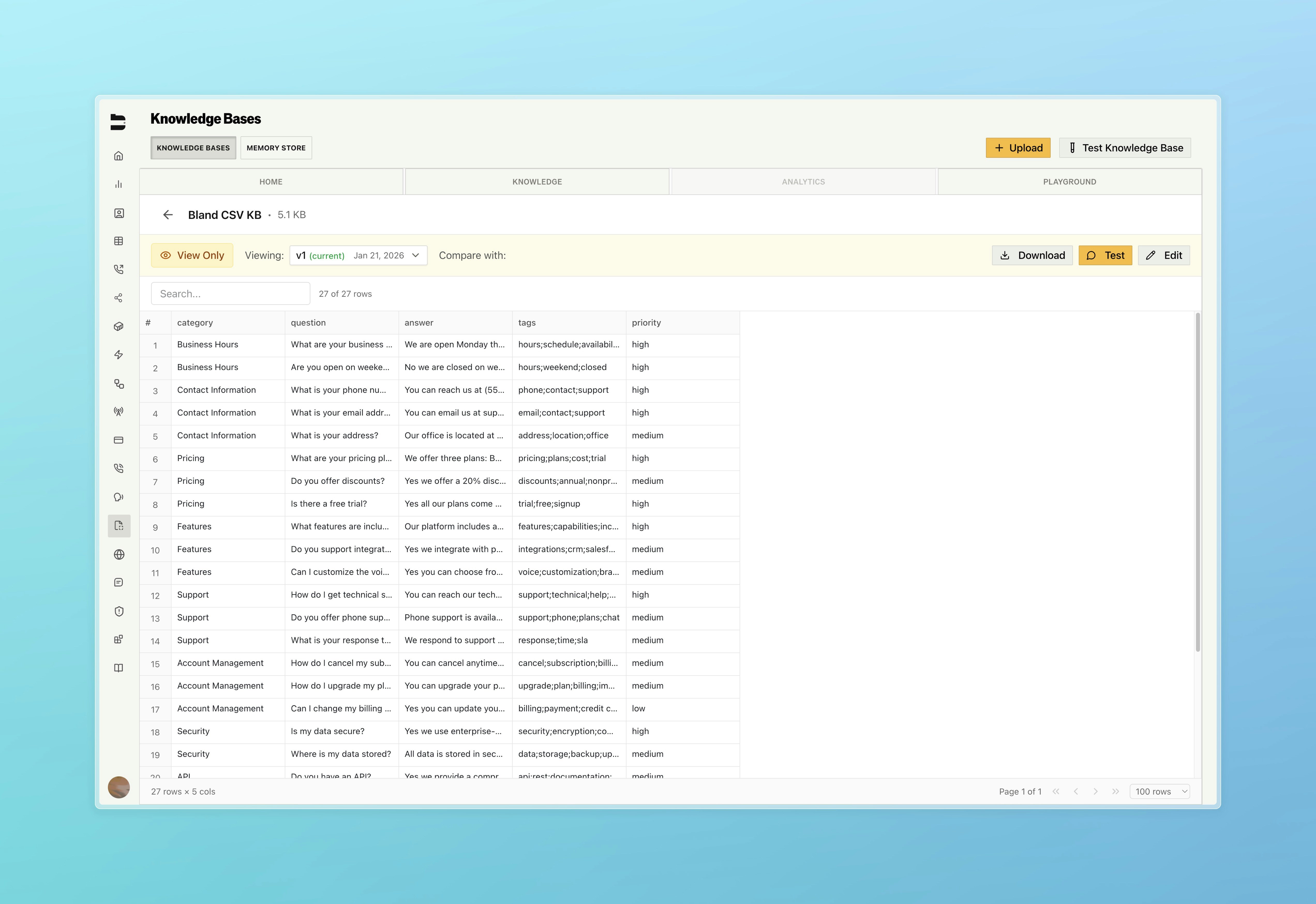 CSV knowledge base viewing page