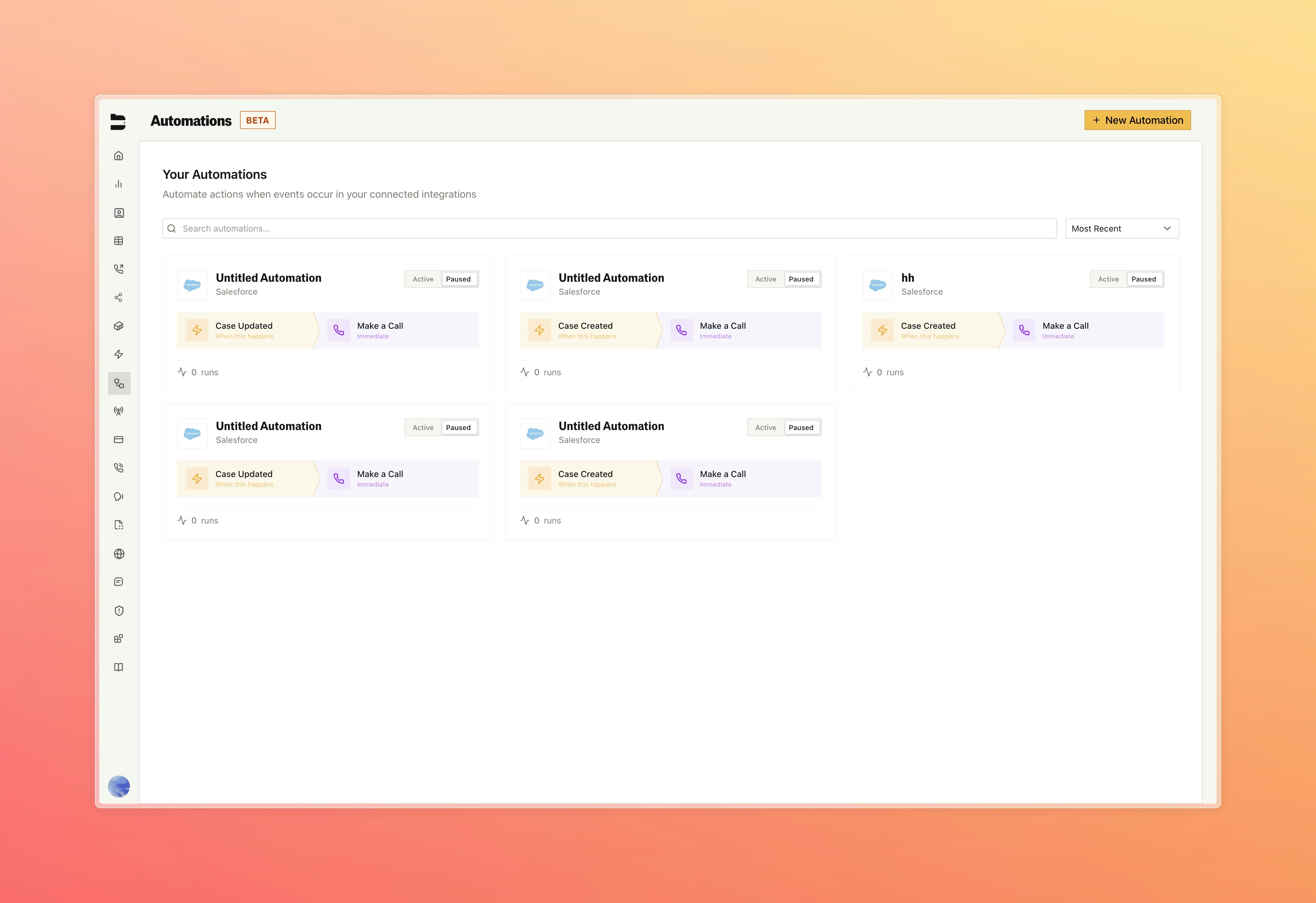 Triggers gallery showing automation cards with event sources and action types