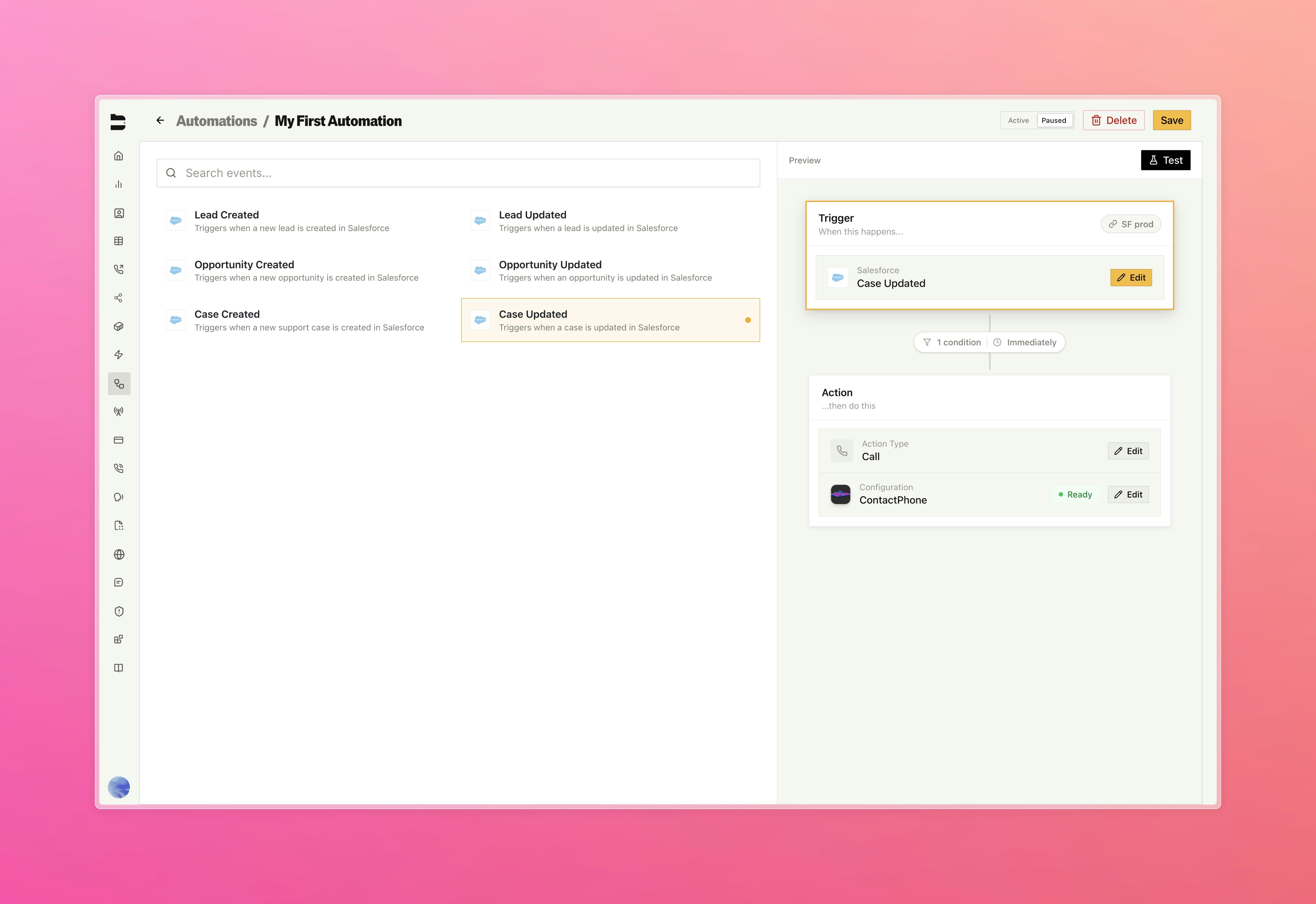 Visual automation builder with drag-and-drop canvas