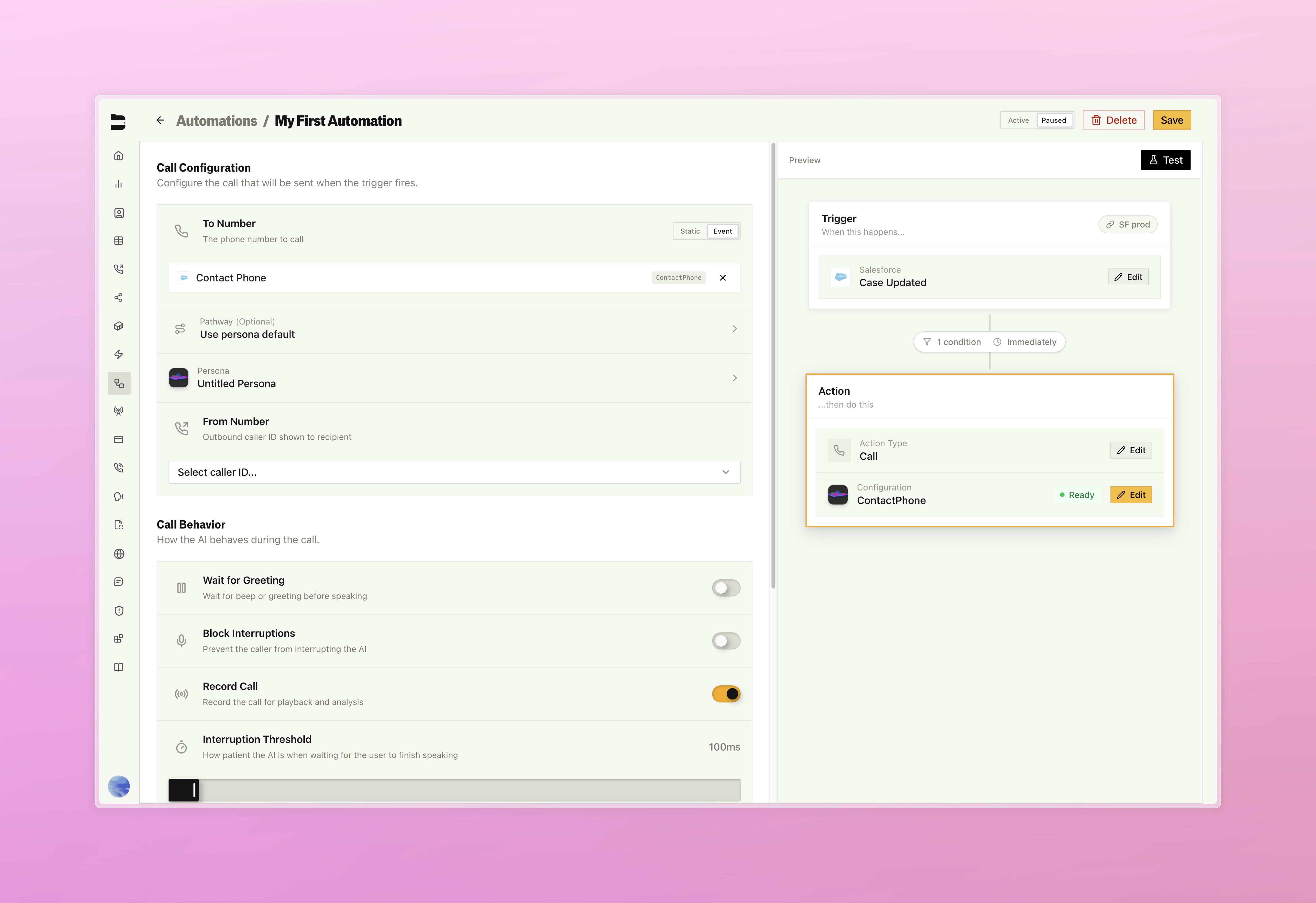 Call configuration panel with persona and pathway settings