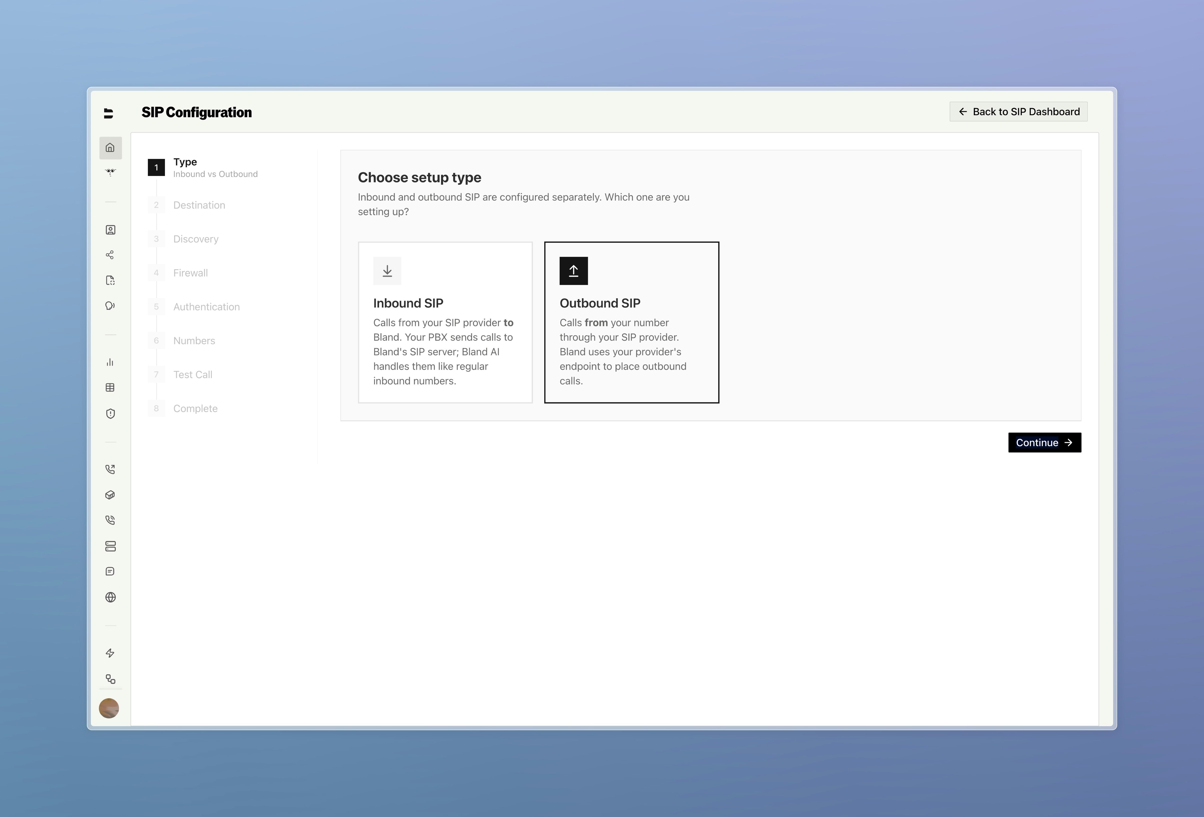 SIP Configuration wizard step 1 — choose between Inbound and Outbound SIP