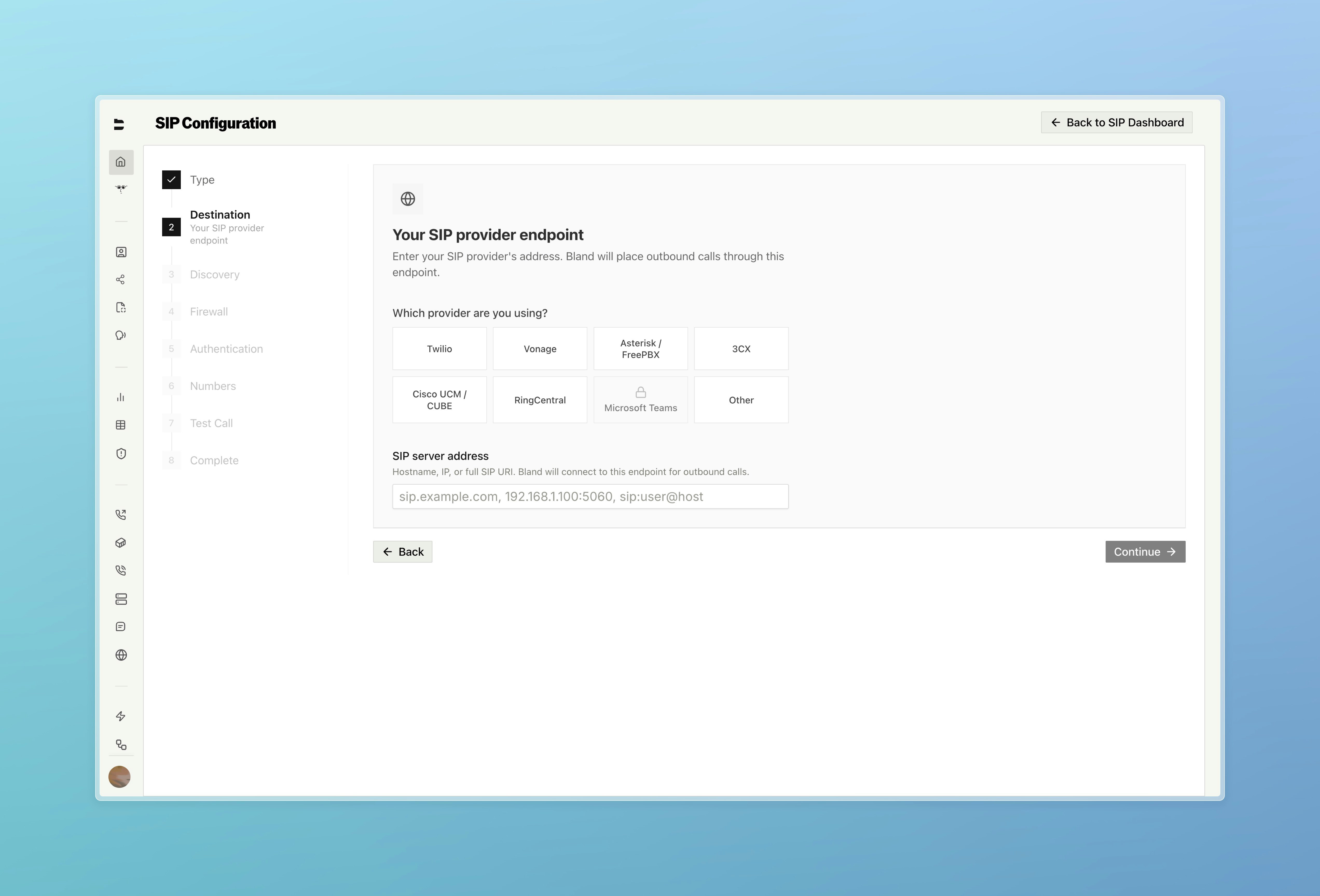 SIP Configuration wizard step 2 — select your provider and enter SIP server address