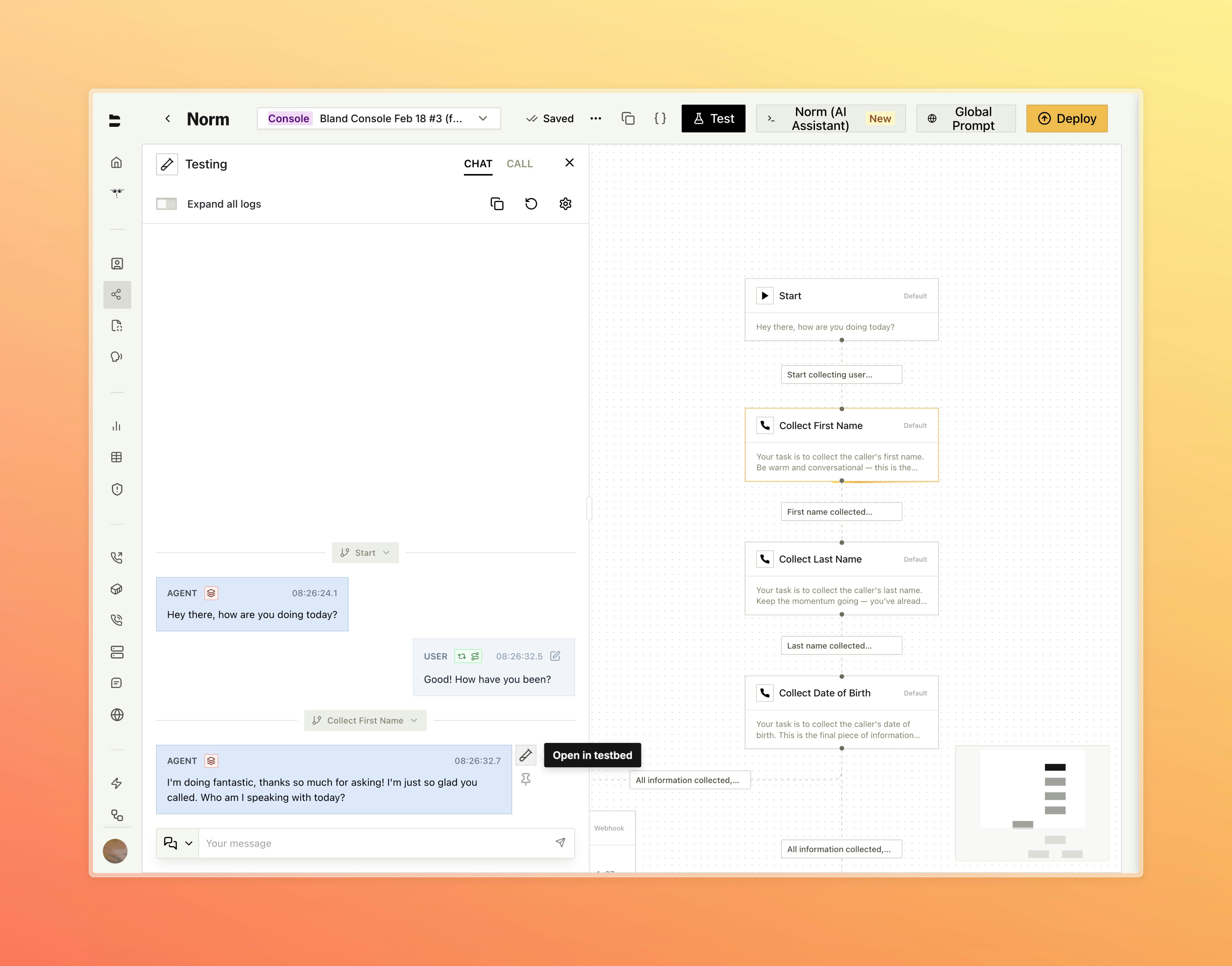 Pathway chat panel with Open in testbed button on a conversation message