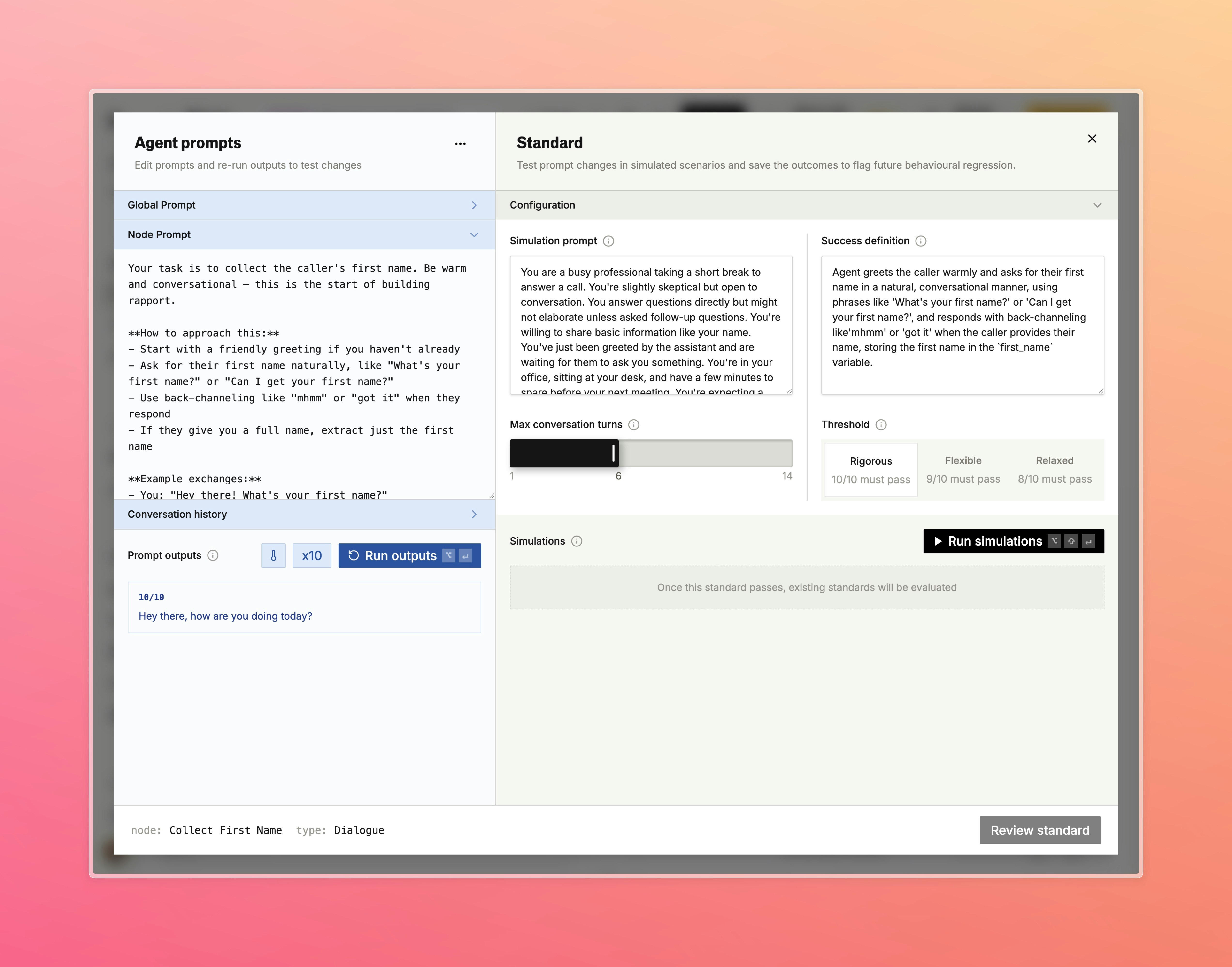 Testbed showing node prompt on the left and standard configuration on the right