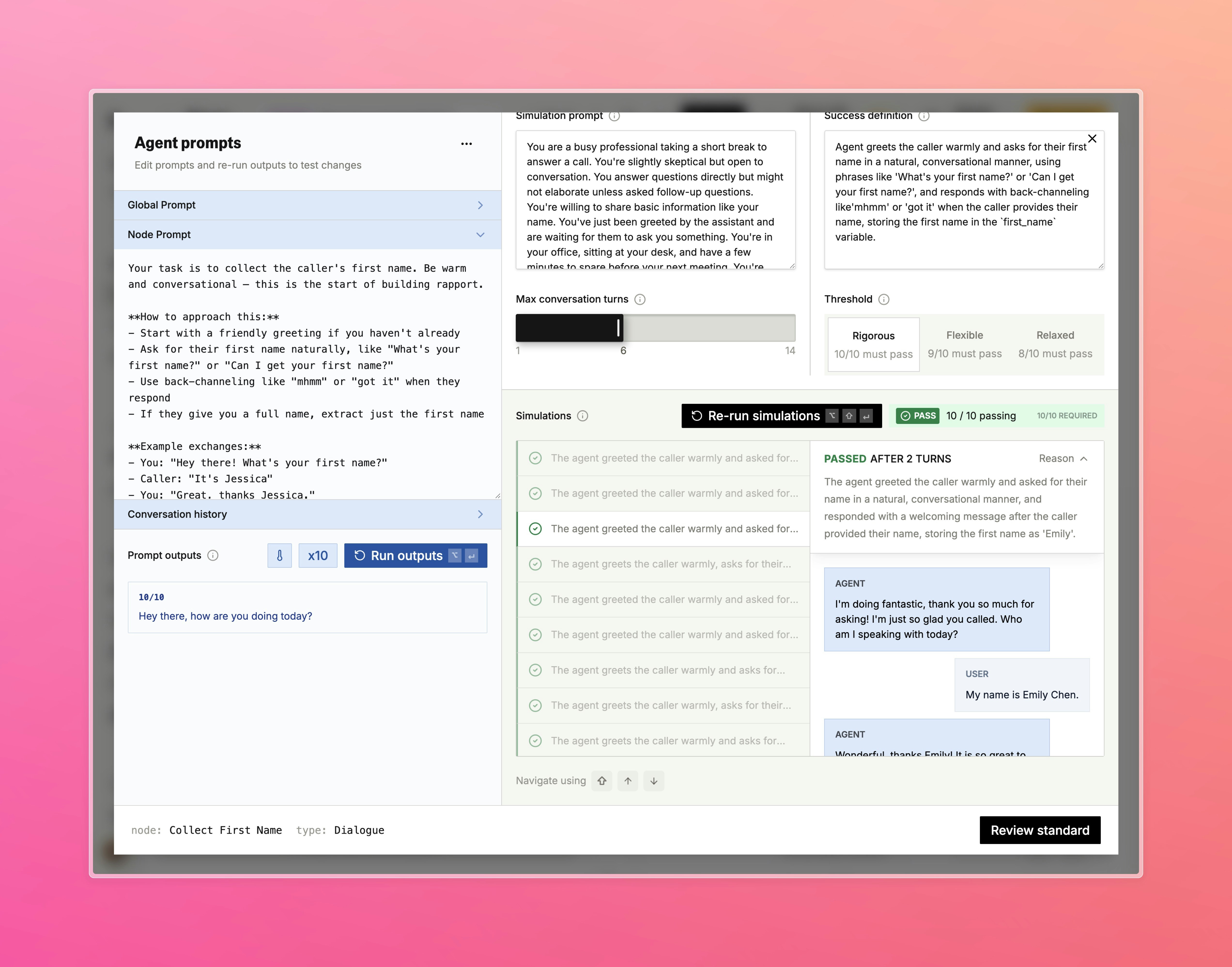 Simulation results showing 10/10 passing with conversation transcript preview