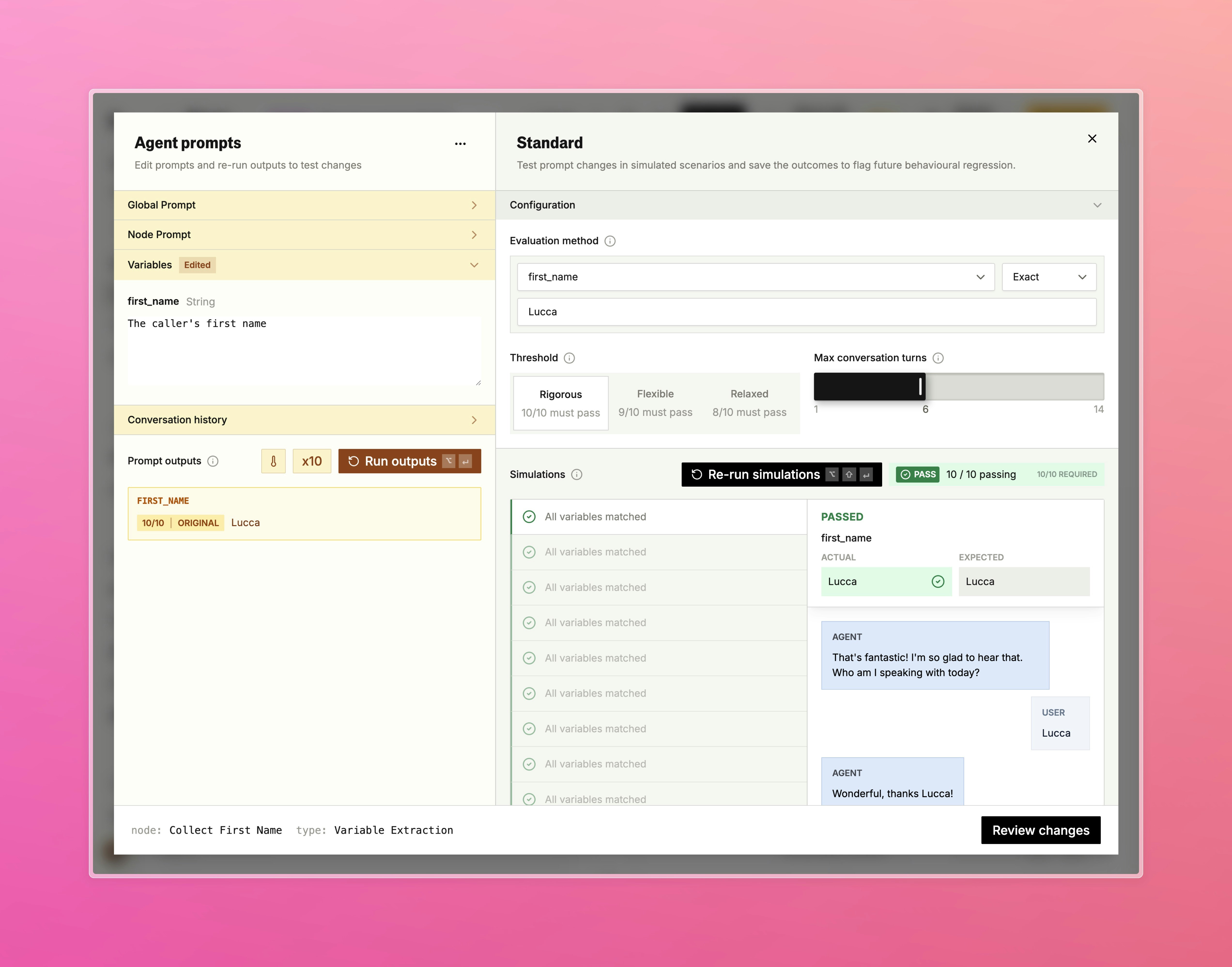 Variable extraction standard showing exact match evaluation with actual vs expected comparison
