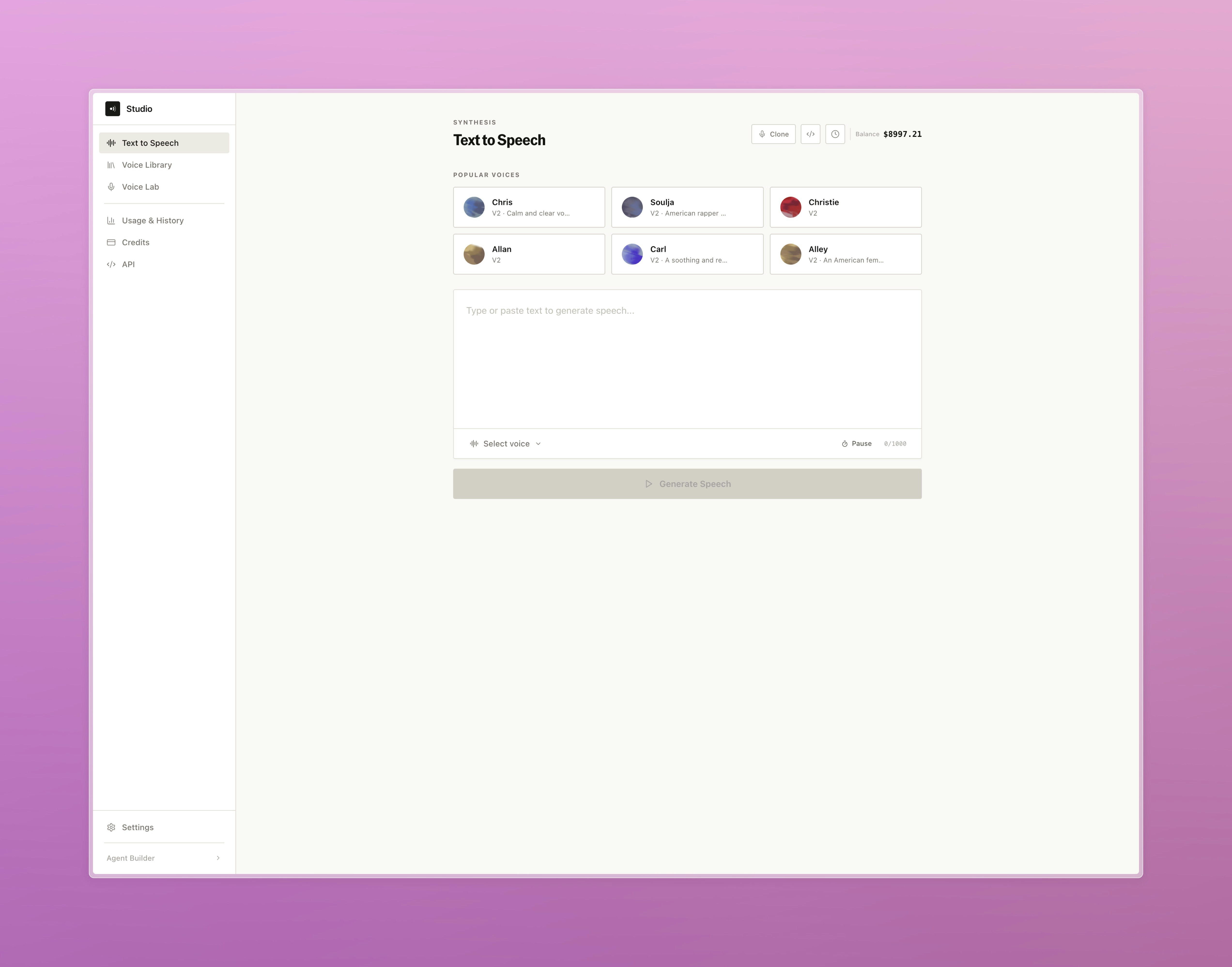 Text to Speech synthesis page with popular voices grid, text input, and Generate Speech button