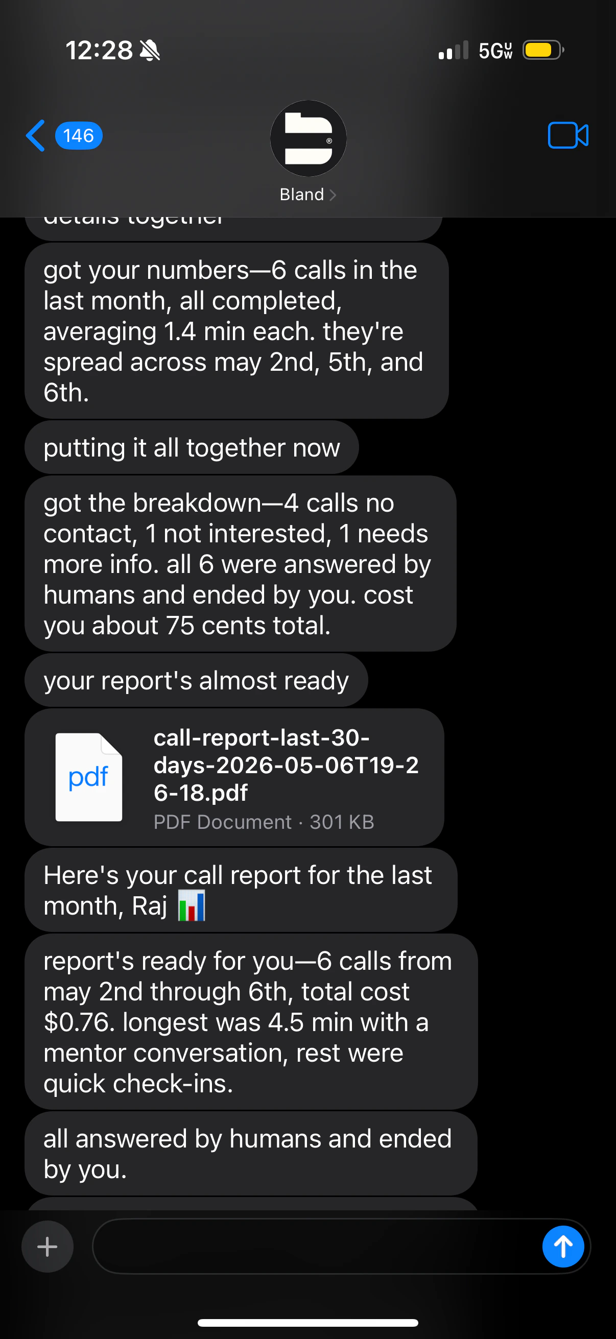 iMessage agent generating and sending a PDF report
