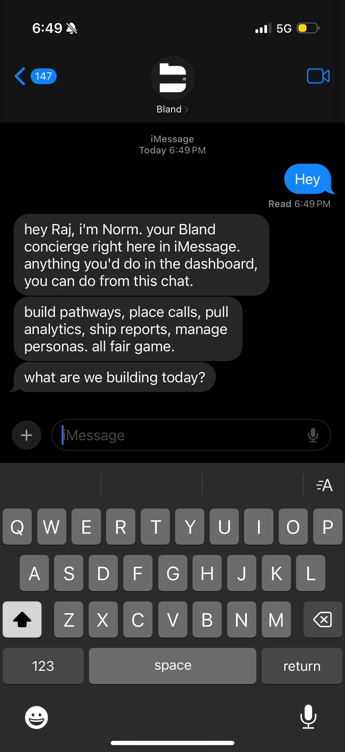 Bland iMessage agent in a conversation