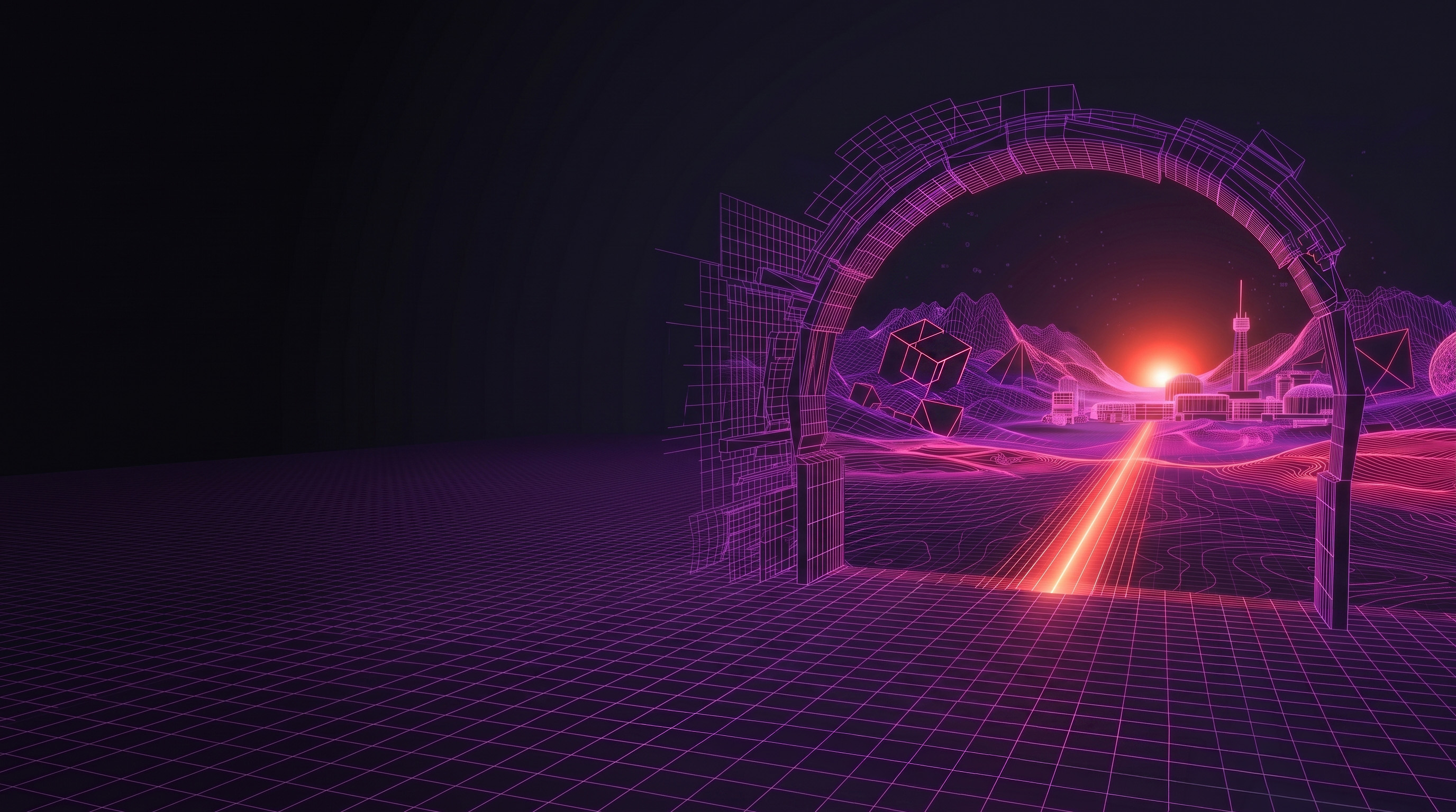 Wireframe corridor into a Stage World