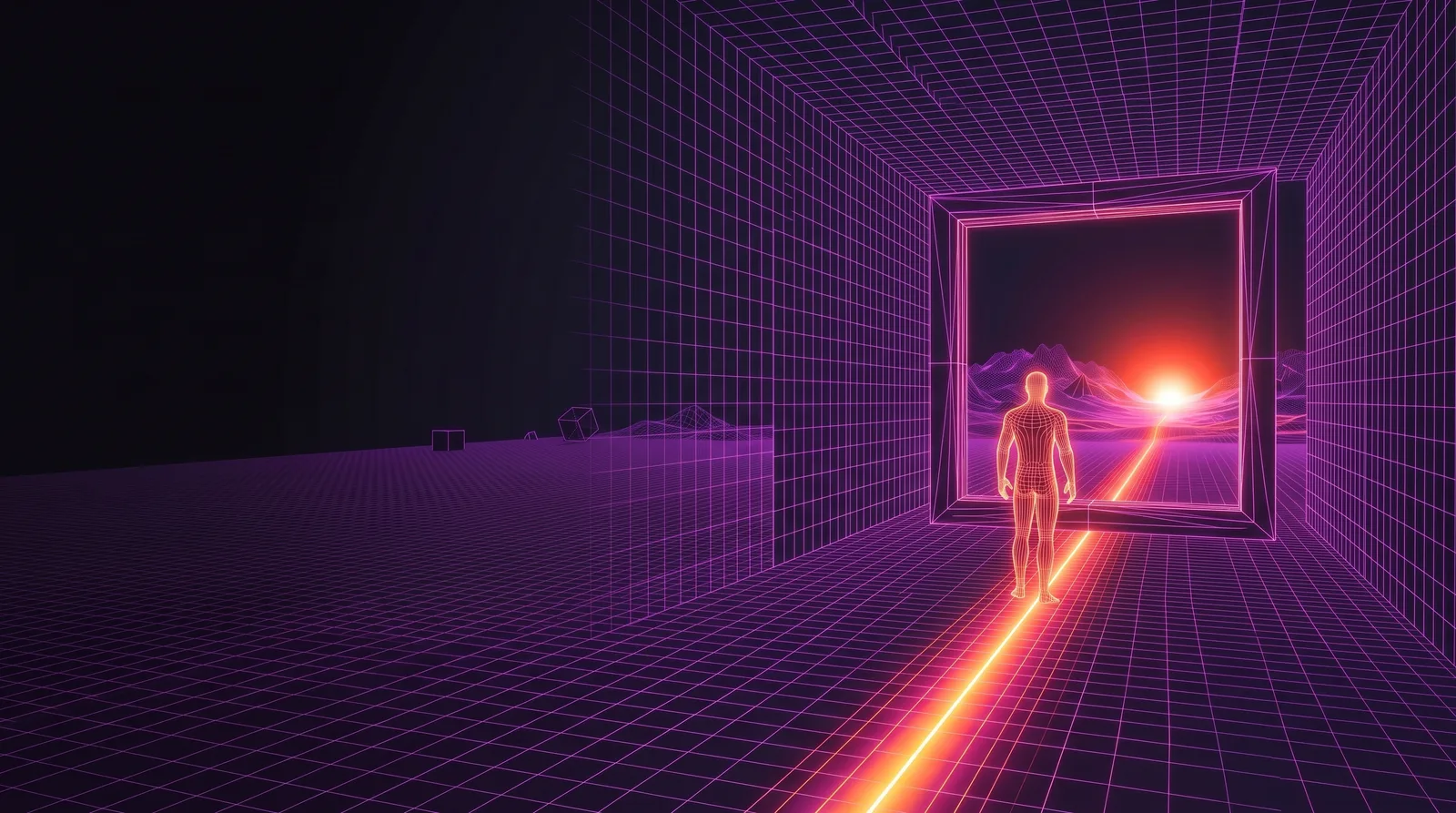 Wireframe corridor into a Stage World