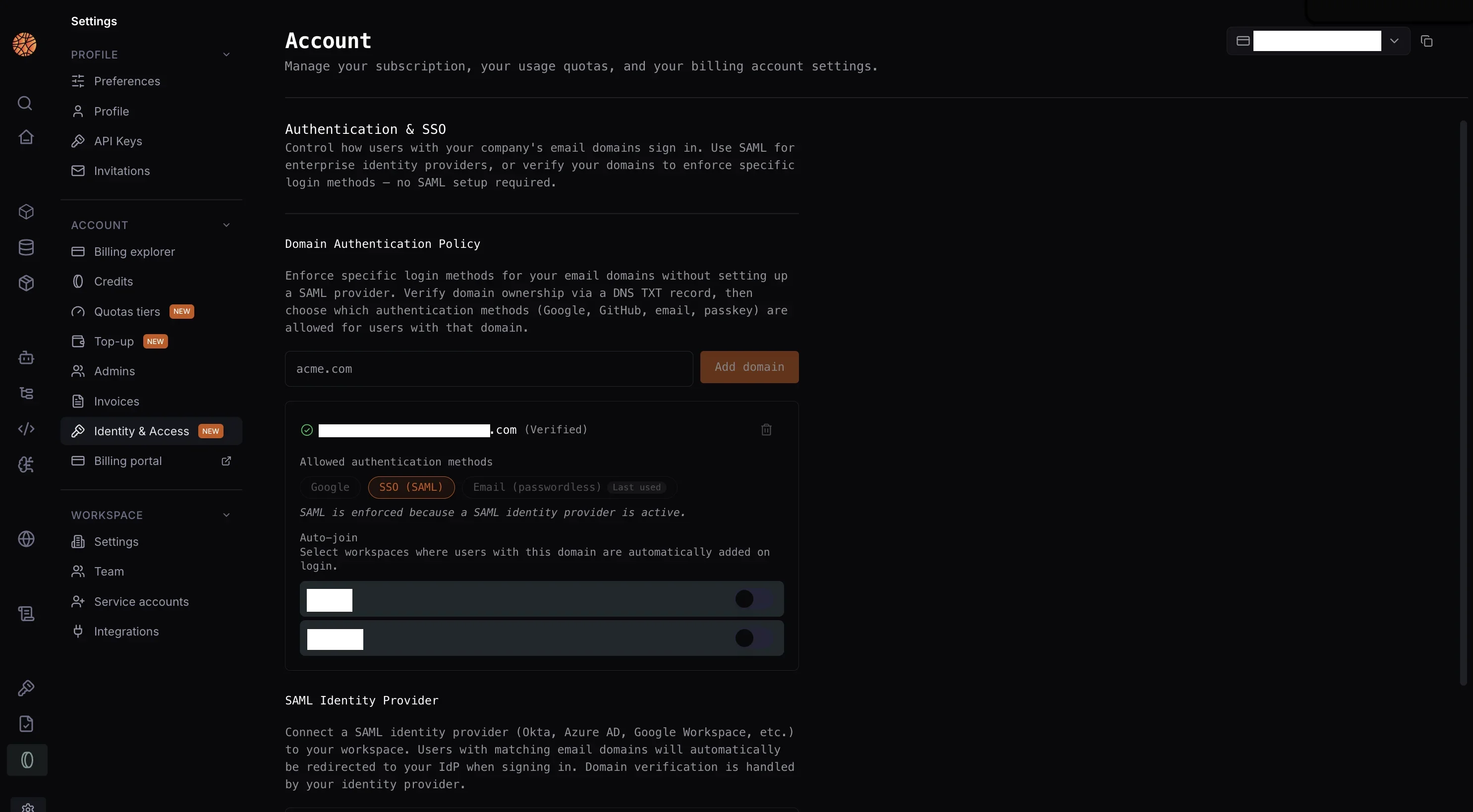 Identity & Access settings page