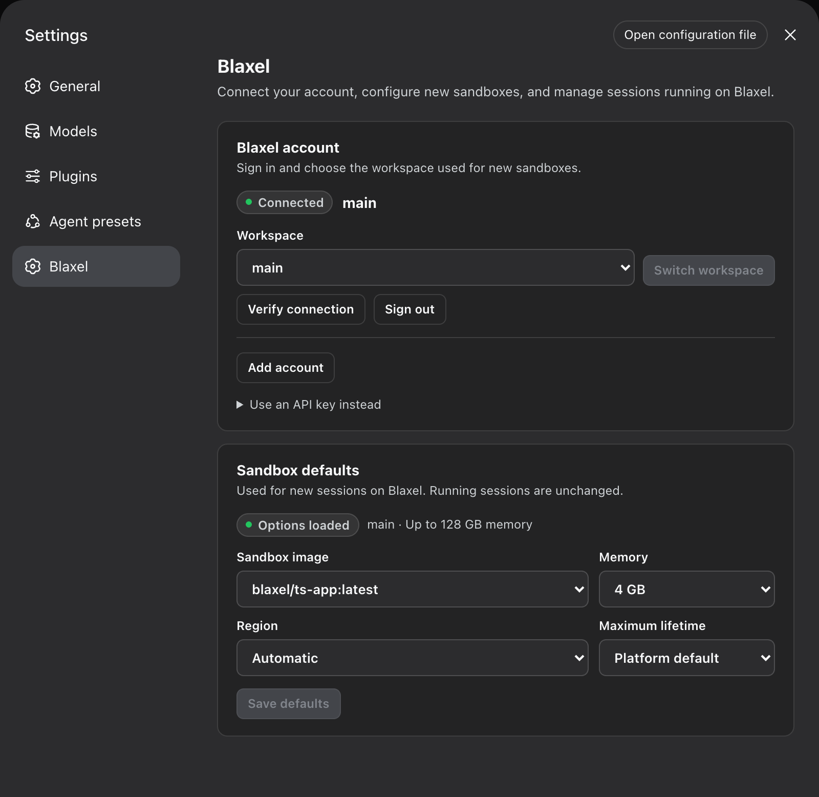 DeepSeek Harness Blaxel settings with a connected workspace and loaded sandbox options