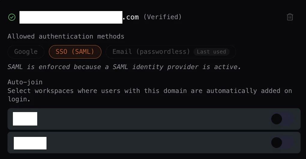 Verified domain with allowed auth methods and auto-join