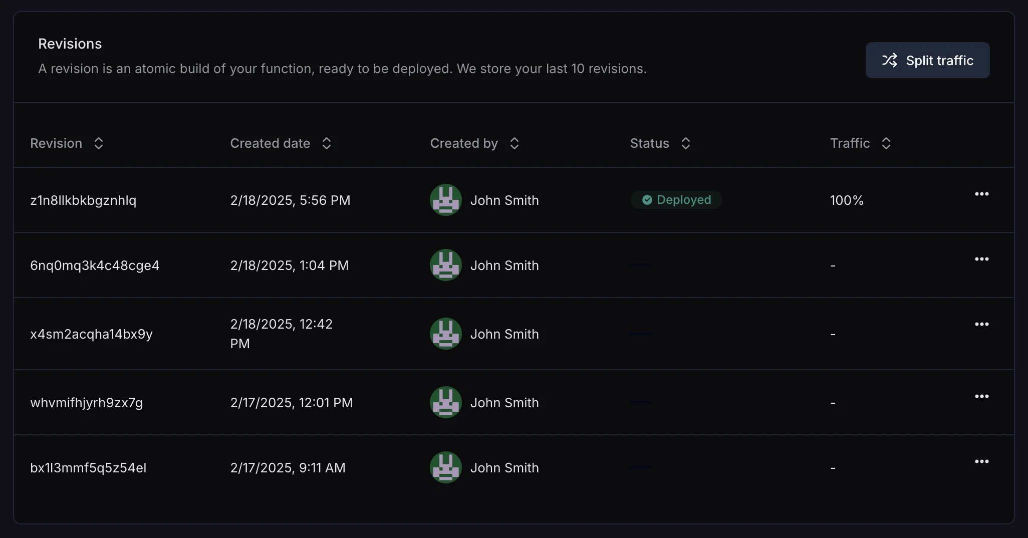 Revisions and canary deployments interface