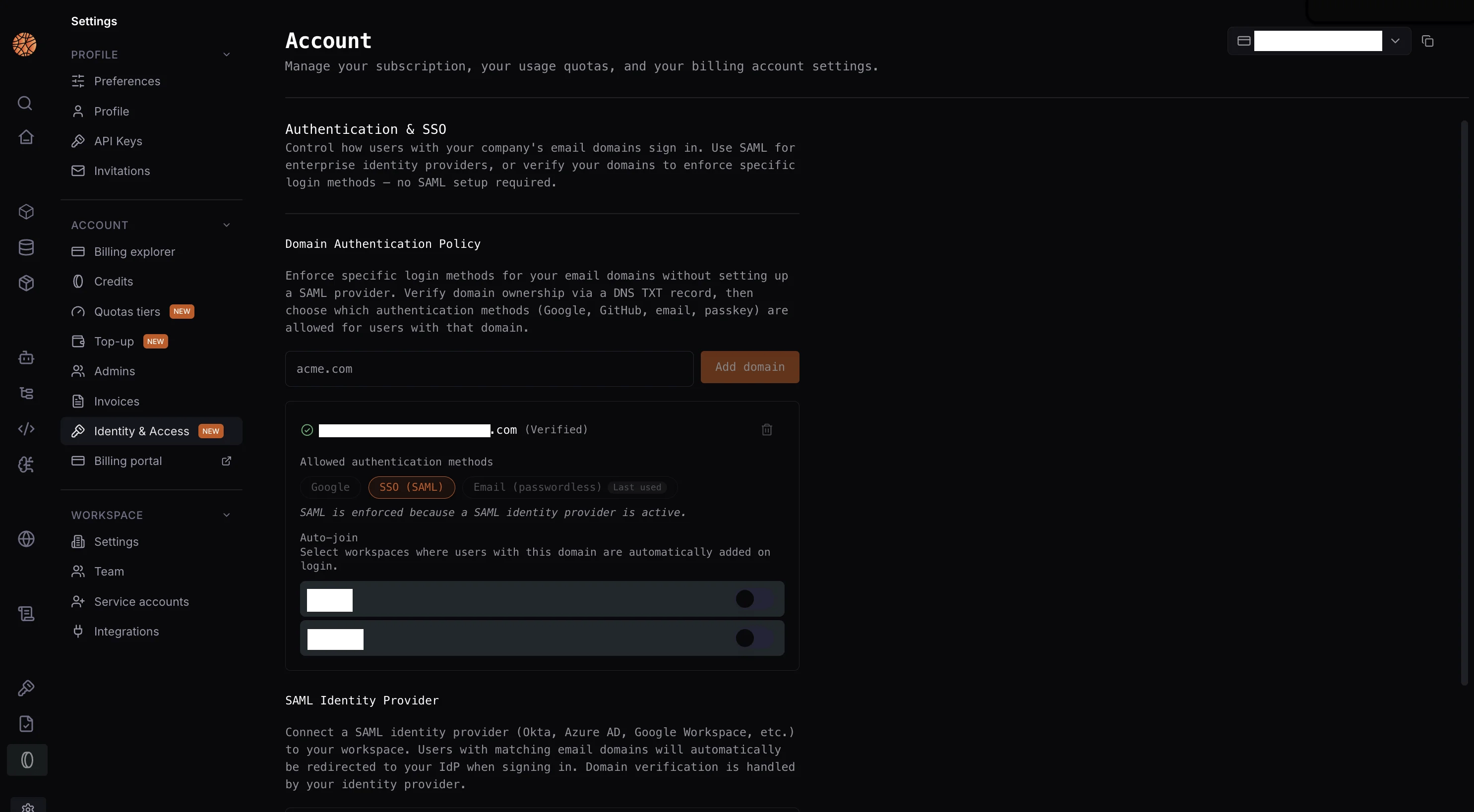 Identity & Access settings page