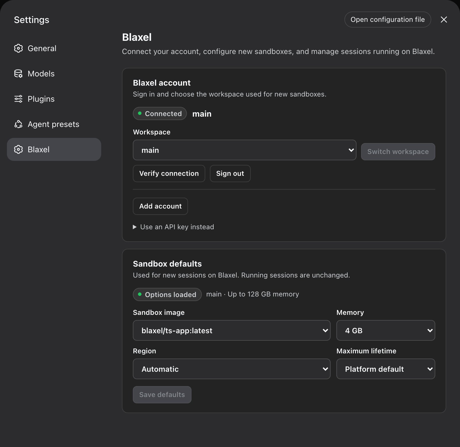 DeepSeek Harness Blaxel settings with a connected workspace and loaded sandbox options