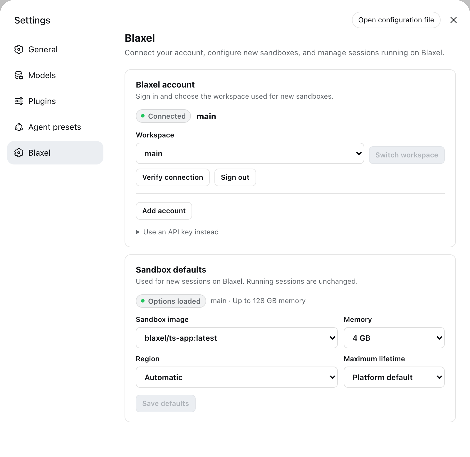 DeepSeek Harness Blaxel settings with a connected workspace and loaded sandbox options