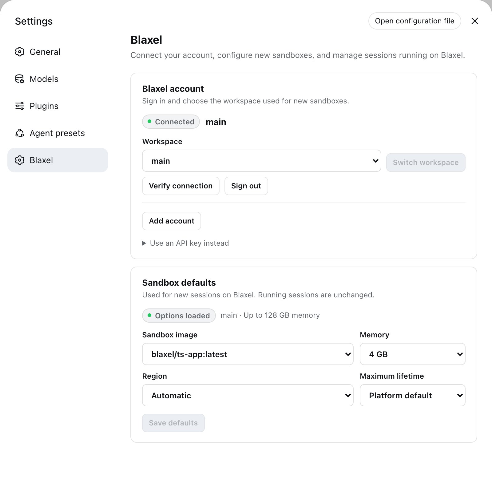 DeepSeek Harness Blaxel settings with a connected workspace and loaded sandbox options