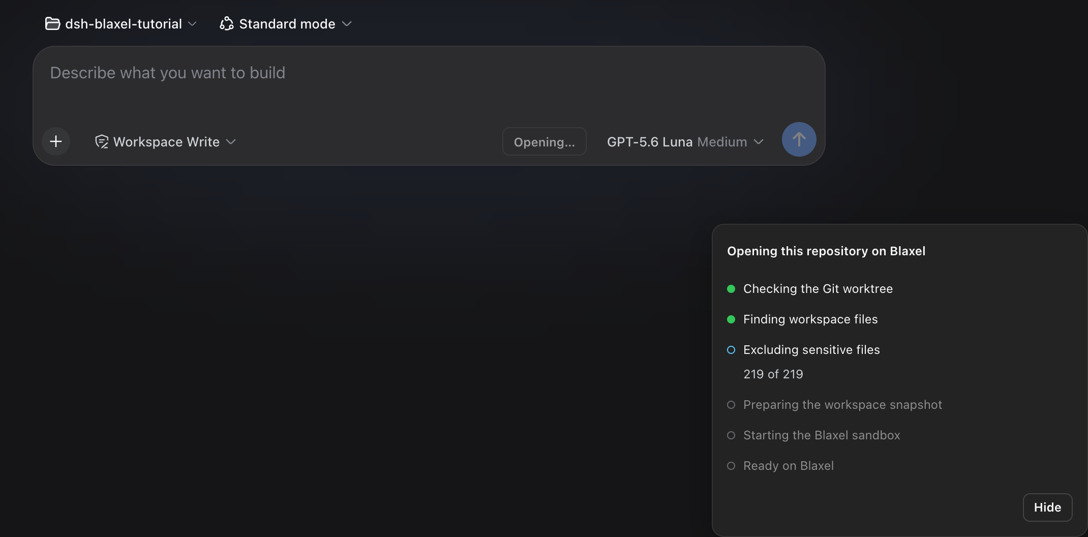 DeepSeek Harness screening a Git worktree while opening it in a Blaxel sandbox