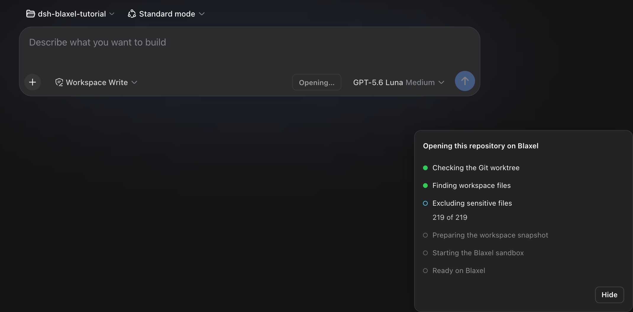 DeepSeek Harness screening a Git worktree while opening it in a Blaxel sandbox