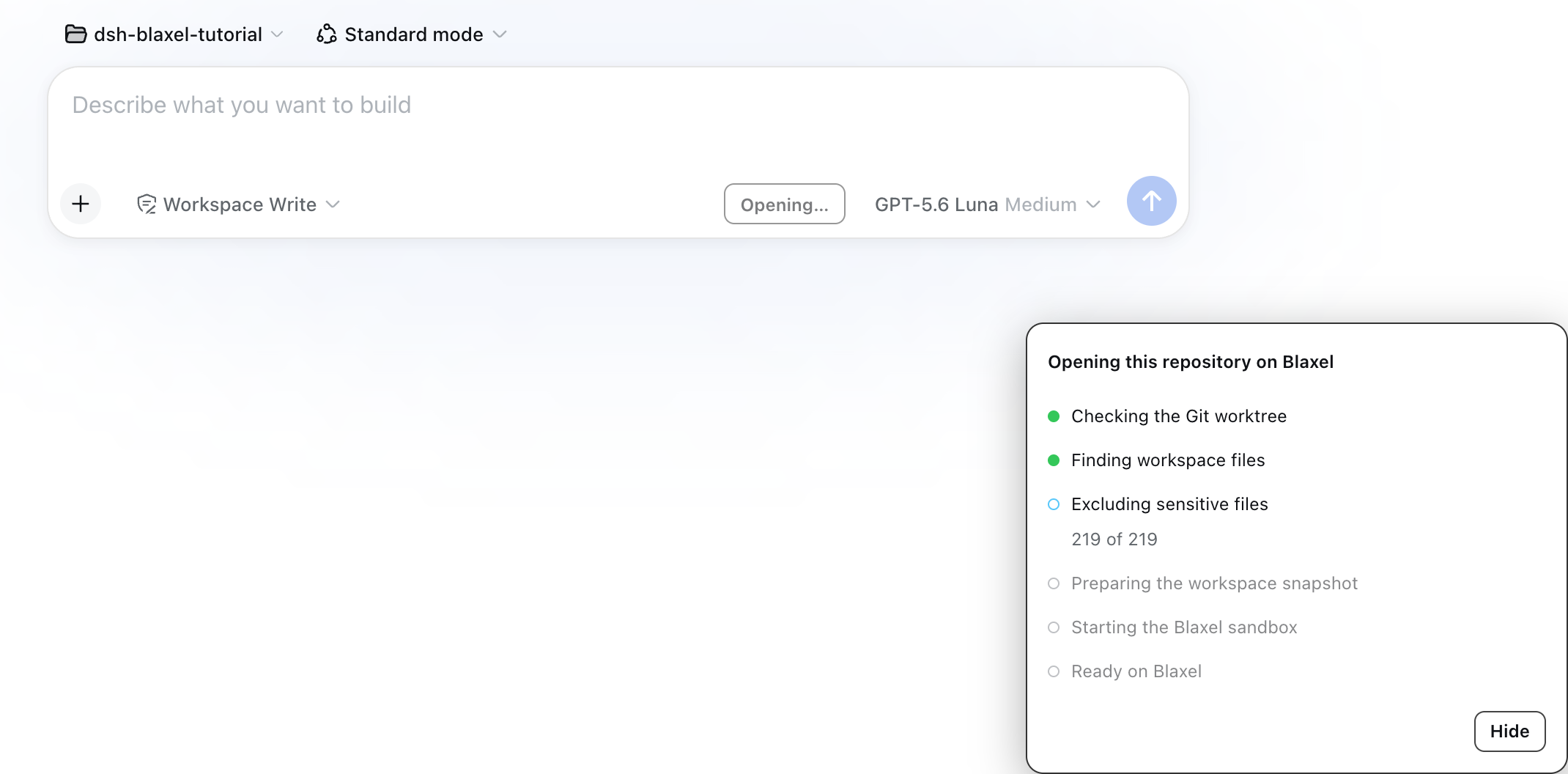 DeepSeek Harness screening a Git worktree while opening it in a Blaxel sandbox