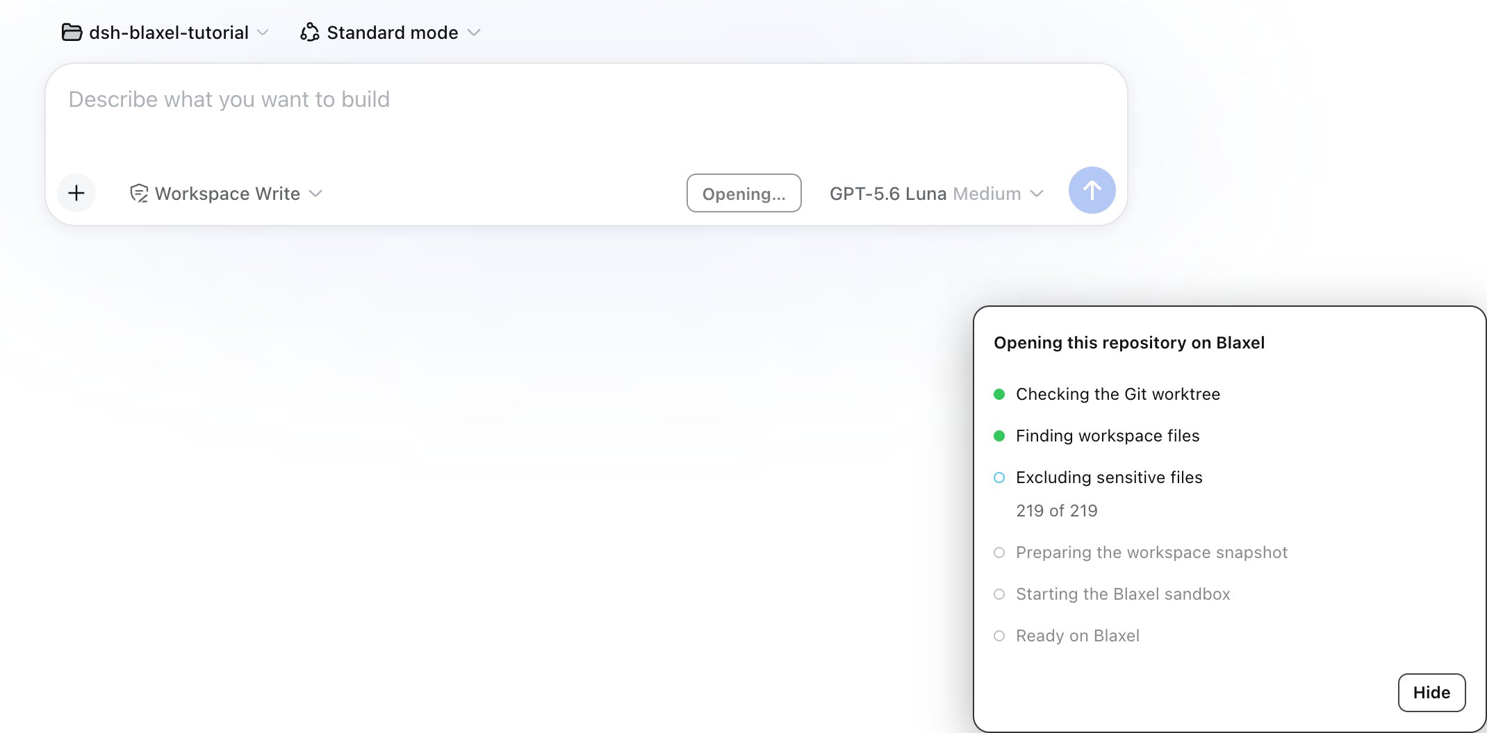 DeepSeek Harness screening a Git worktree while opening it in a Blaxel sandbox