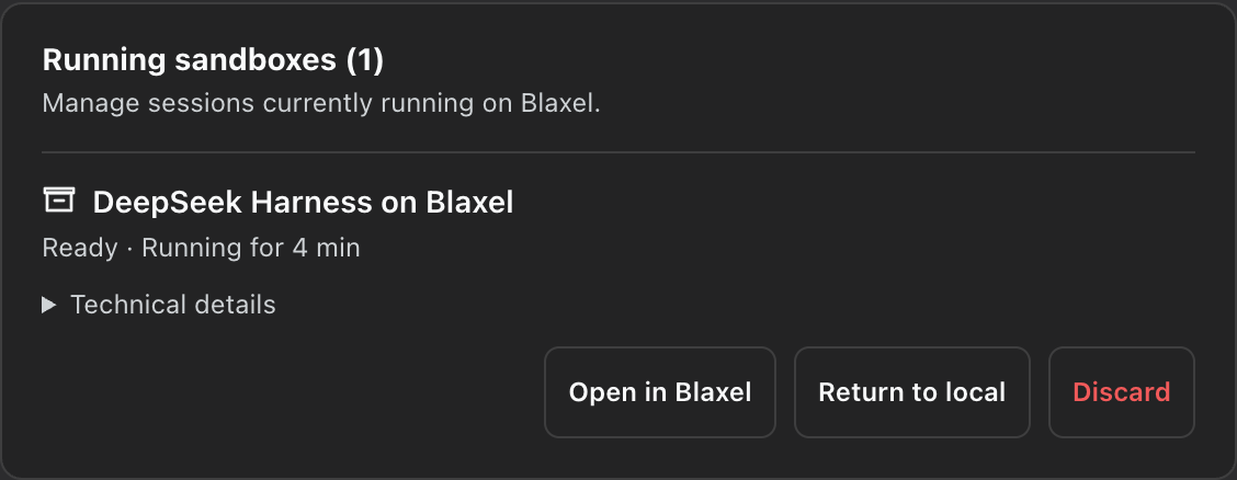 Running Blaxel sandbox in DeepSeek Harness with Open in Blaxel, Return to local, and Discard actions