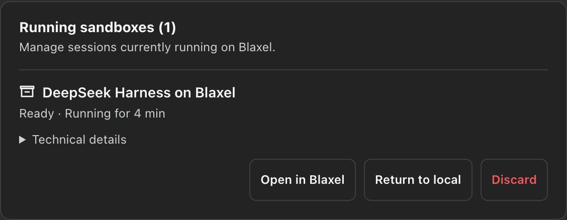 Running Blaxel sandbox in DeepSeek Harness with Open in Blaxel, Return to local, and Discard actions