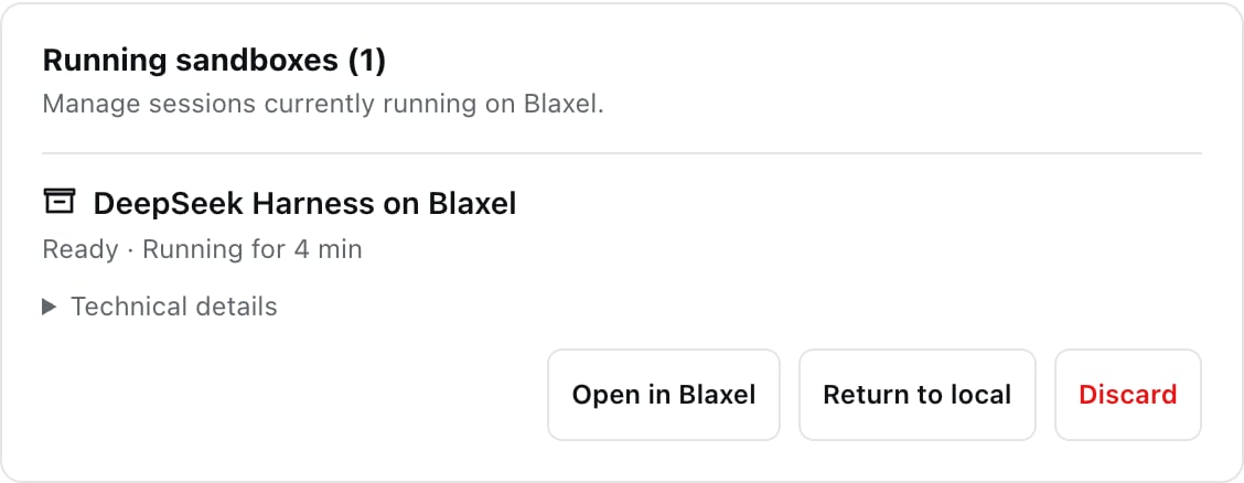 Running Blaxel sandbox in DeepSeek Harness with Open in Blaxel, Return to local, and Discard actions