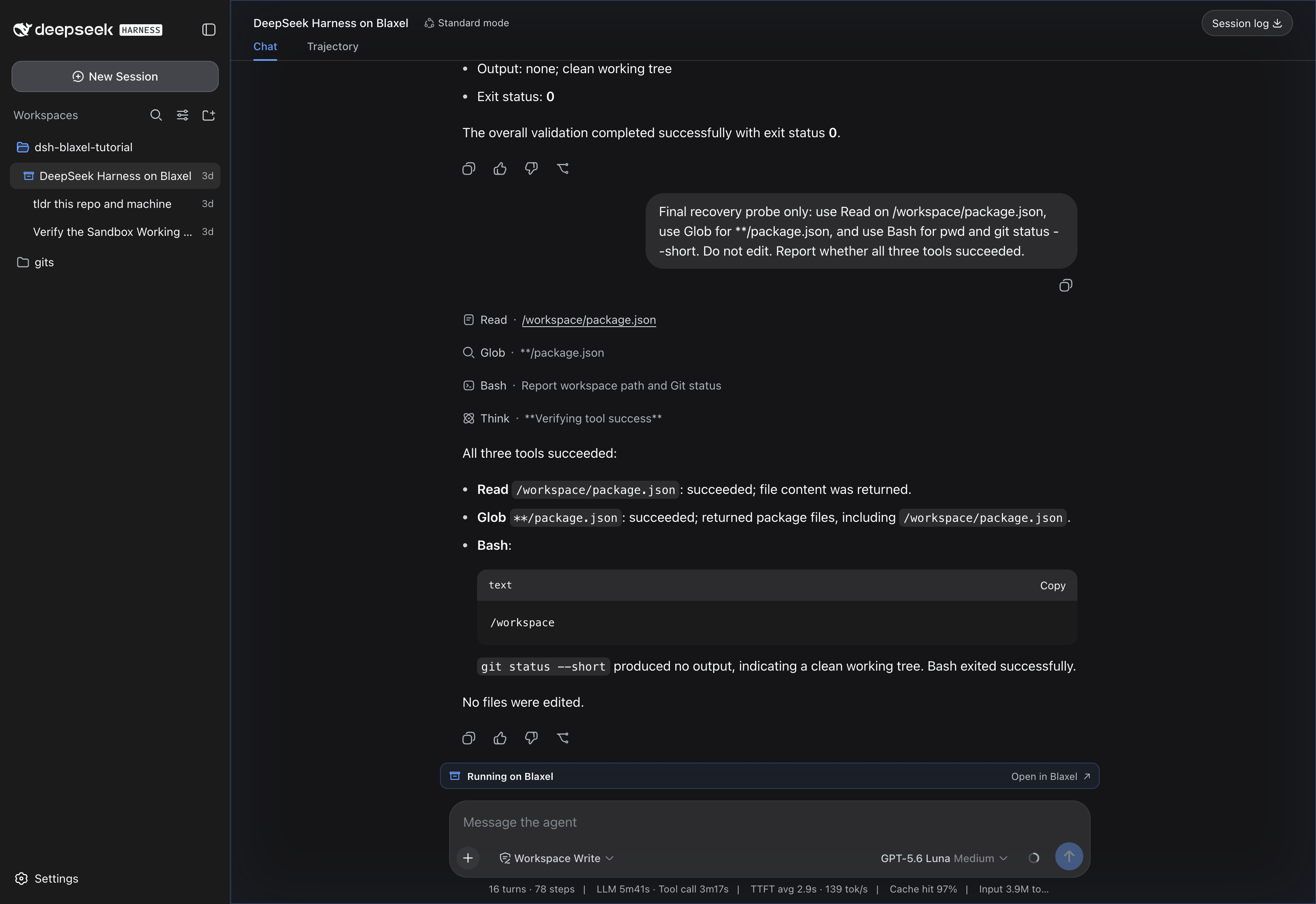 DeepSeek Harness session showing successful tools under workspace and the Running on Blaxel strip