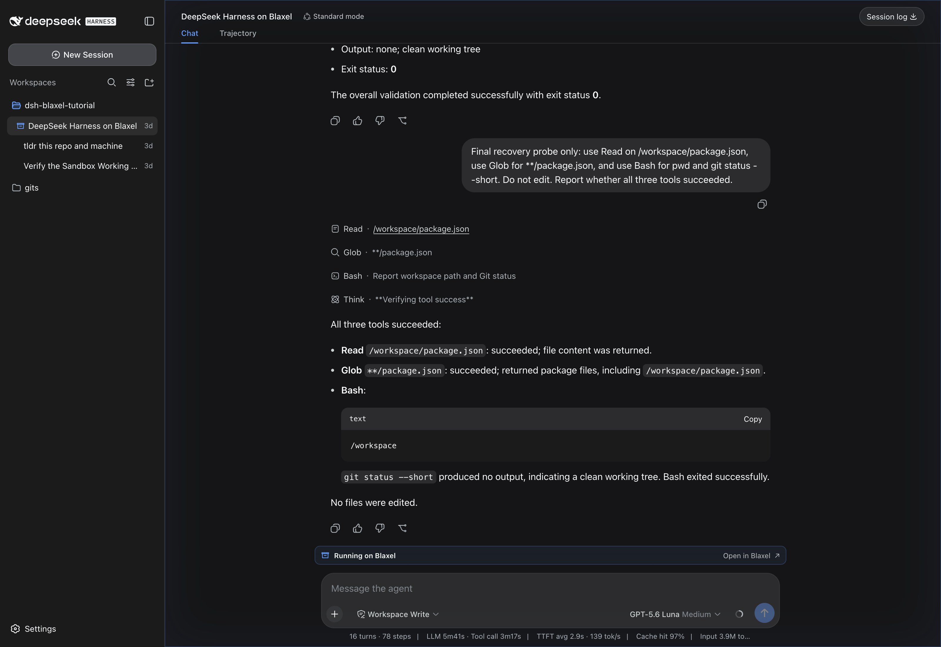 DeepSeek Harness session showing successful tools under workspace and the Running on Blaxel strip
