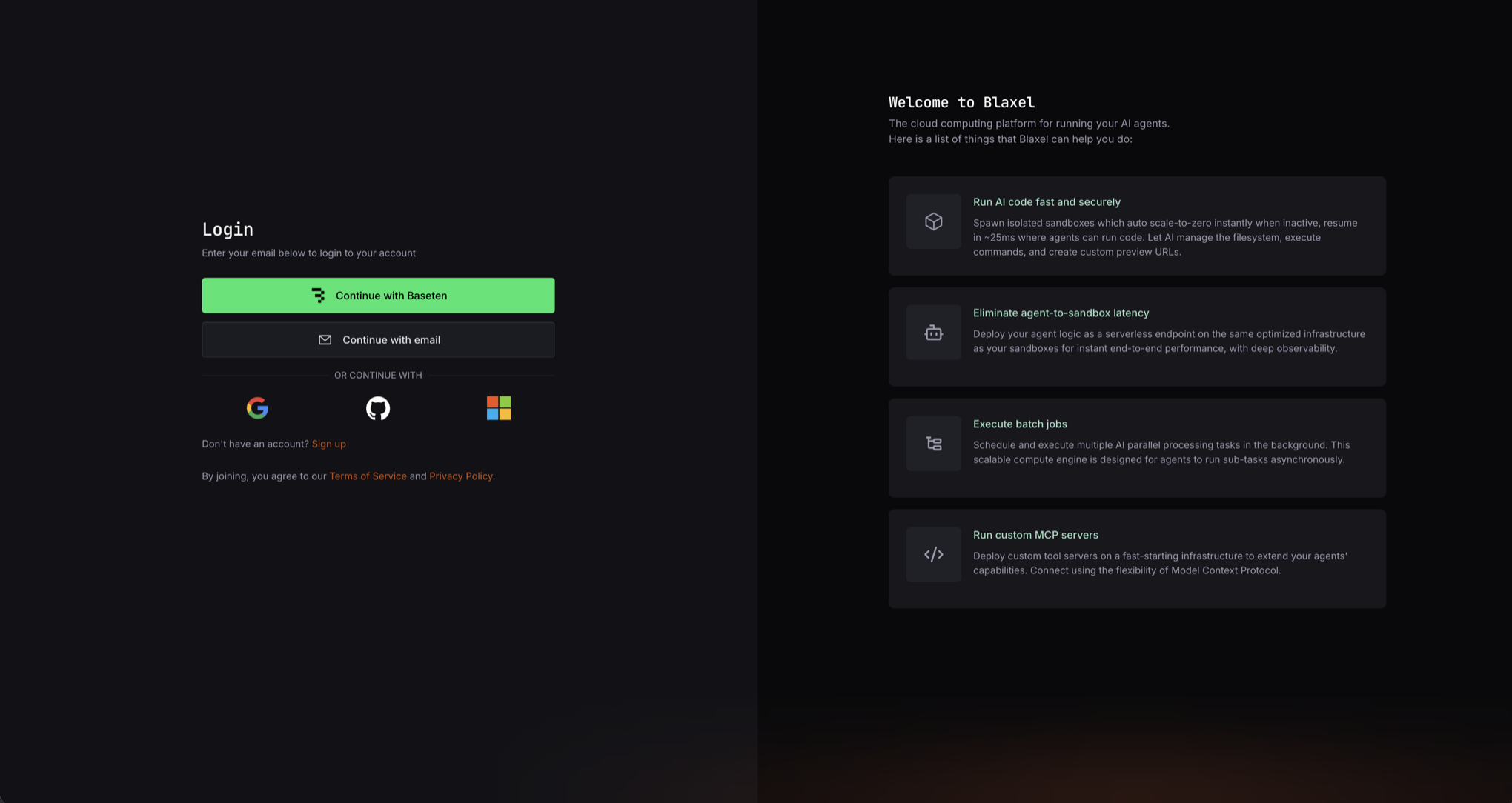 Blaxel login page showing the Continue with Baseten button