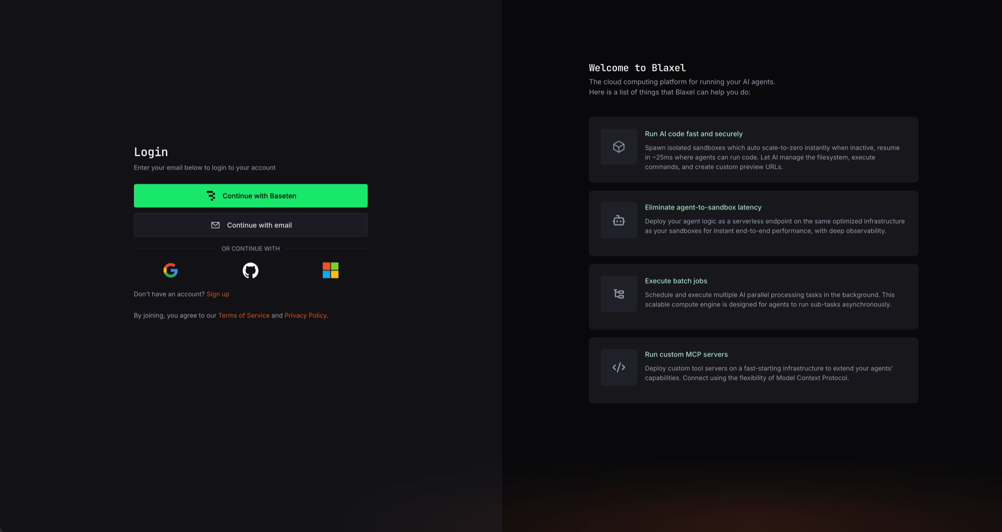 Blaxel login page showing the Continue with Baseten button