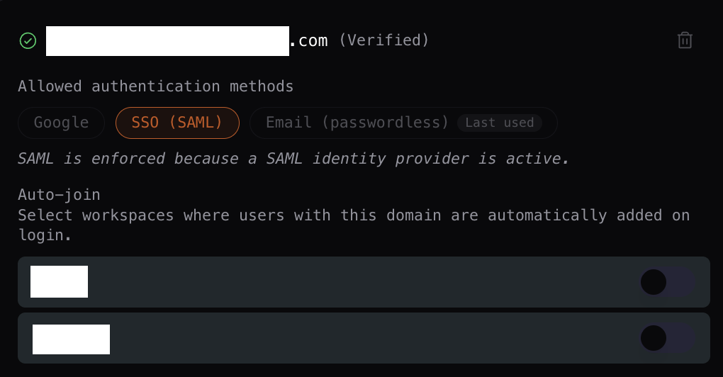 Verified domain with allowed auth methods and auto-join