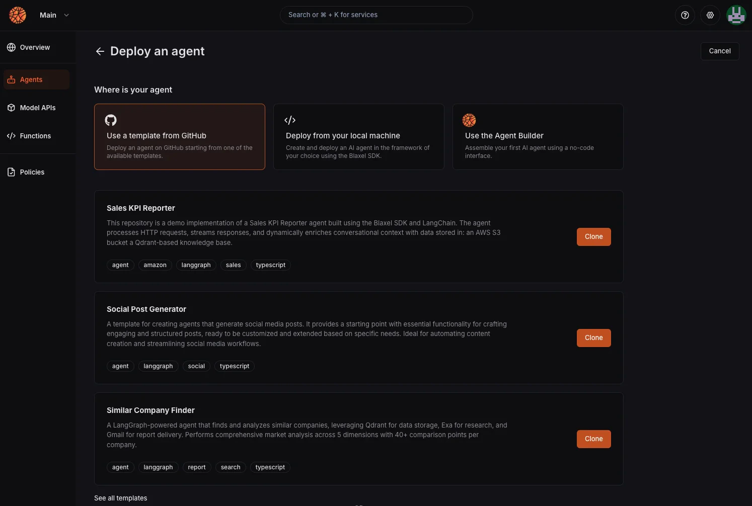 Agent templates interface