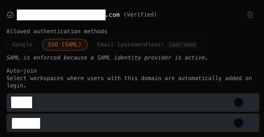 Verified domain with allowed auth methods and auto-join