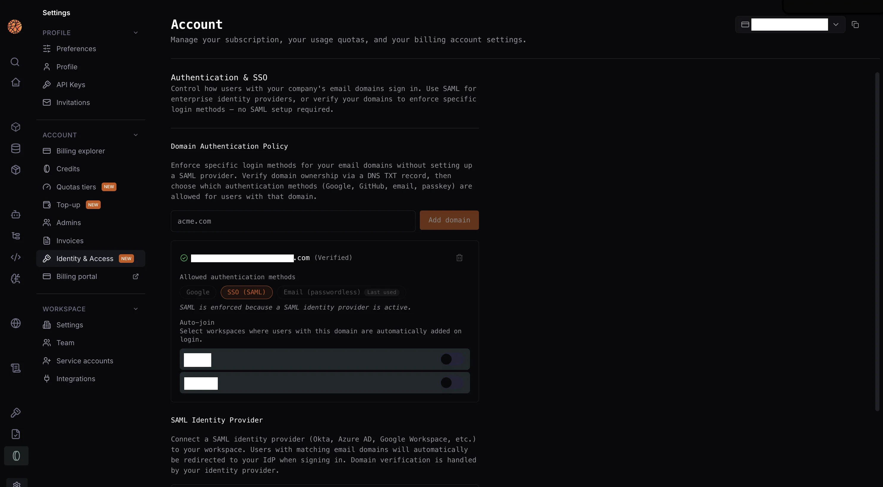 Identity & Access settings page