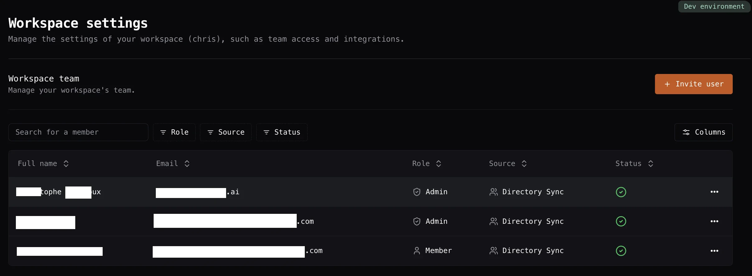 Team members table with Source column
