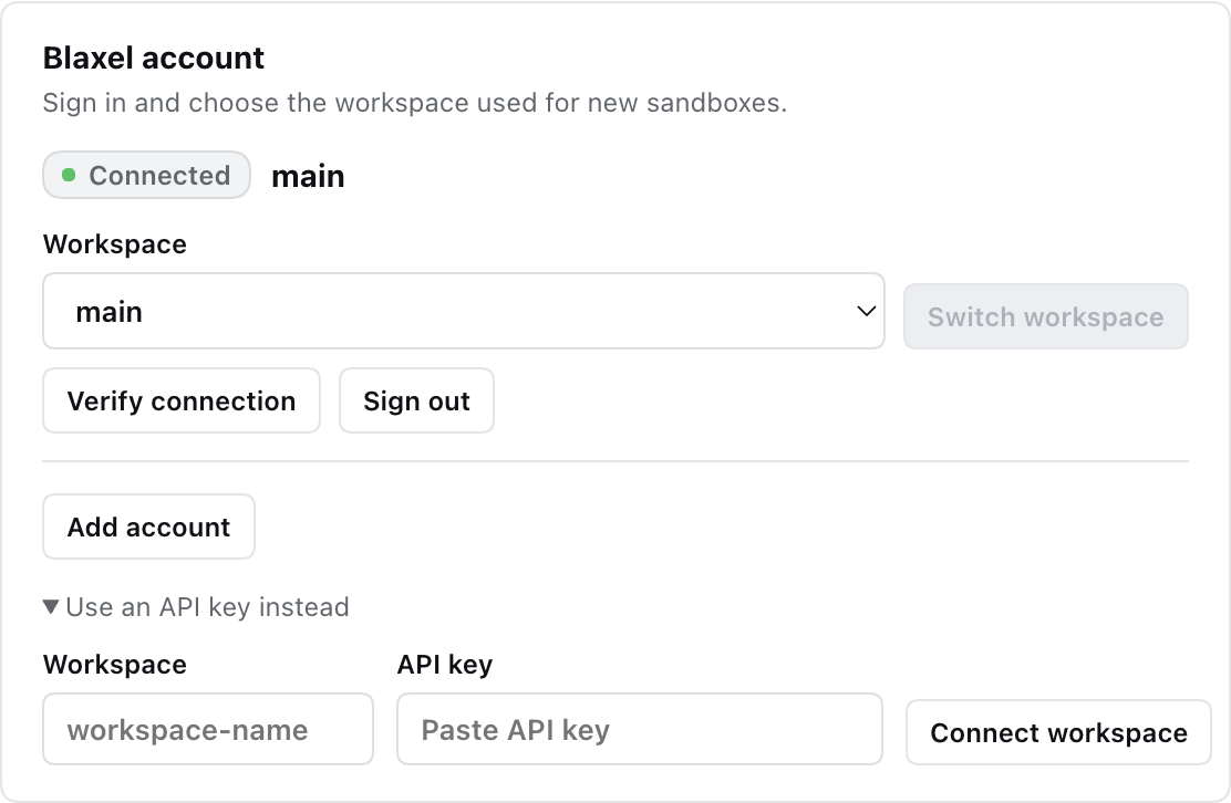 Blaxel account connection, workspace selection, and optional API-key fields