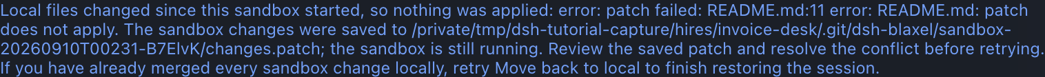 Return conflict message preserves local files and identifies the recovery patch