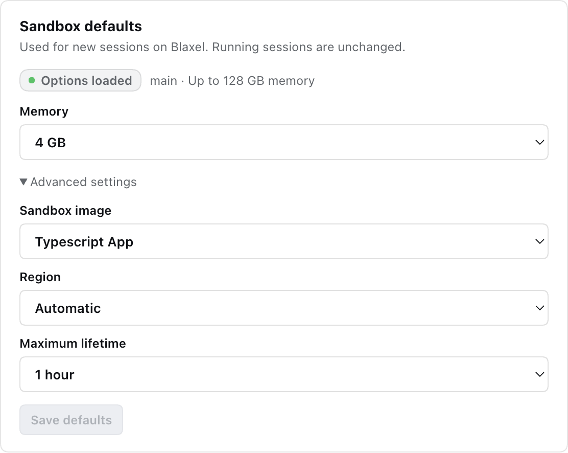 Sandbox defaults with 4 GB memory, Typescript App, automatic region, and a one-hour lifetime