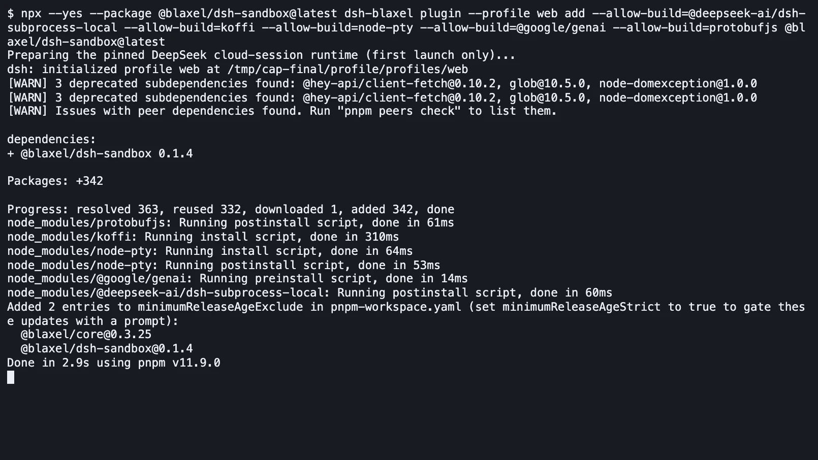 Successful CLI installation of the Blaxel plugin into a DSH Web profile