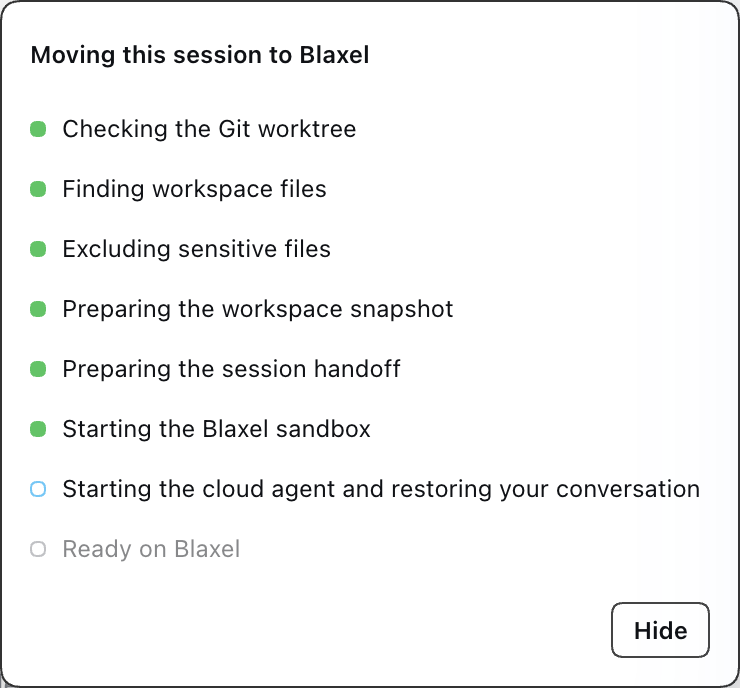 Handoff progress from the Git worktree to the cloud agent