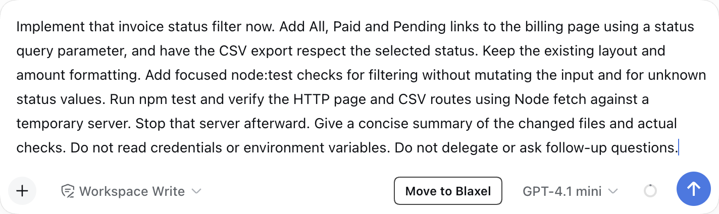 Unsent invoice status-filter prompt beside the Move to Blaxel action