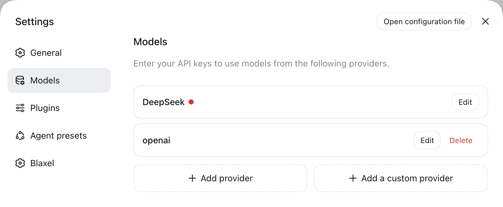 DSH Models settings with OpenAI configured and the Add provider control