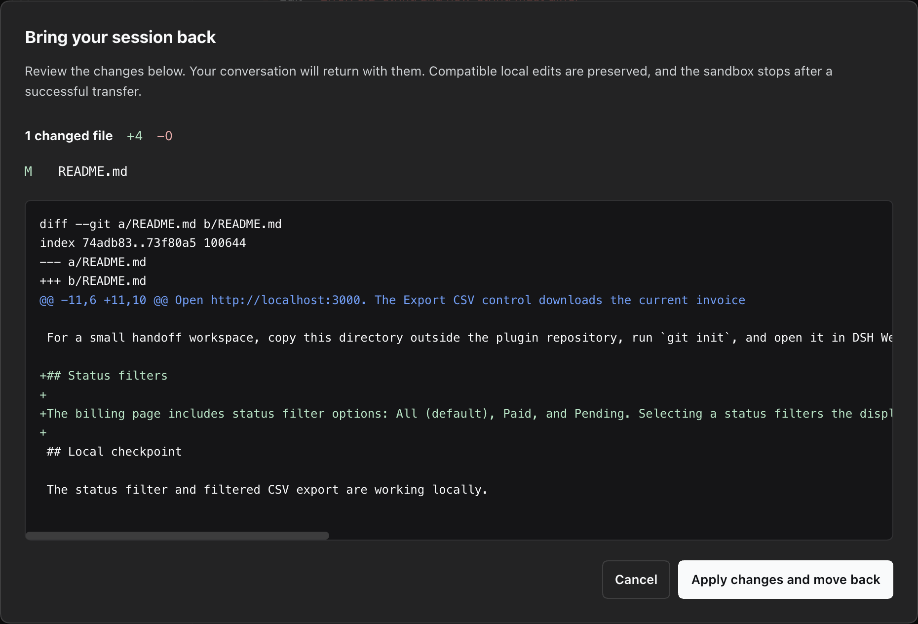 Review the README patch before applying changes and returning locally