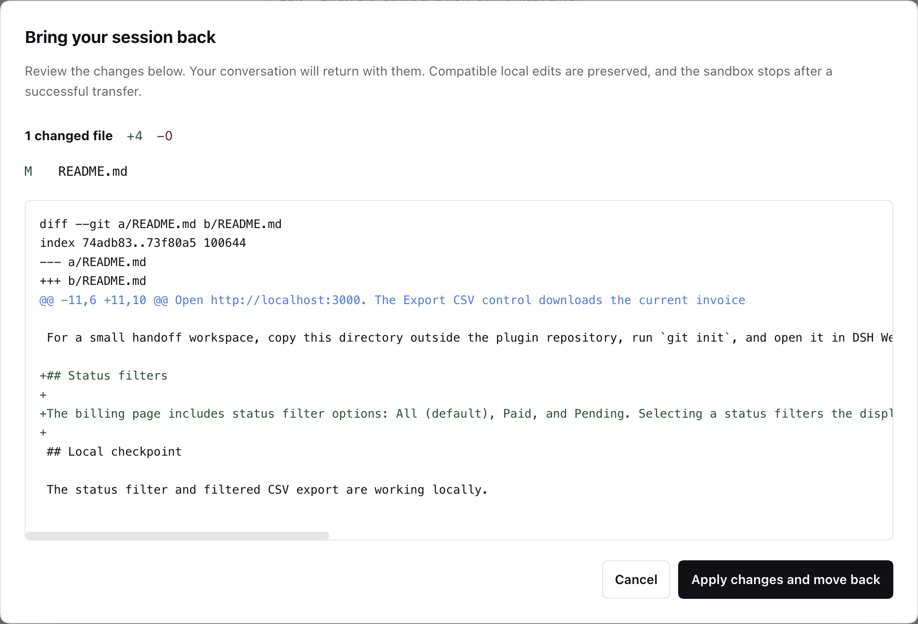 Review the README patch before applying changes and returning locally